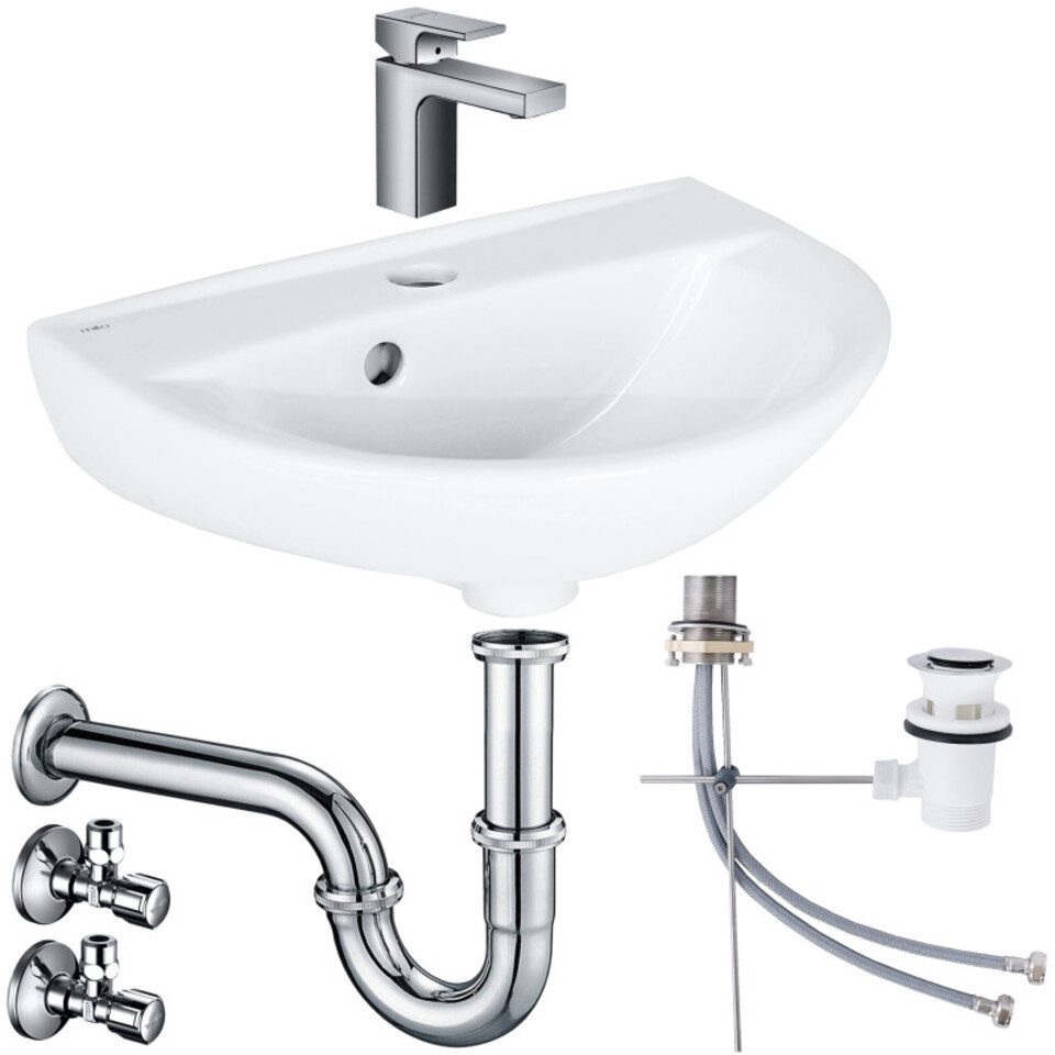 Belvit Waschbecken Set Rosmarin mit Hansgrohe Armatur, Belvit Siphon & Schell Eckventilen (Spar-Set), Armaturen in verschiedenen Farben, Waschbecken in verschiedenen Größen