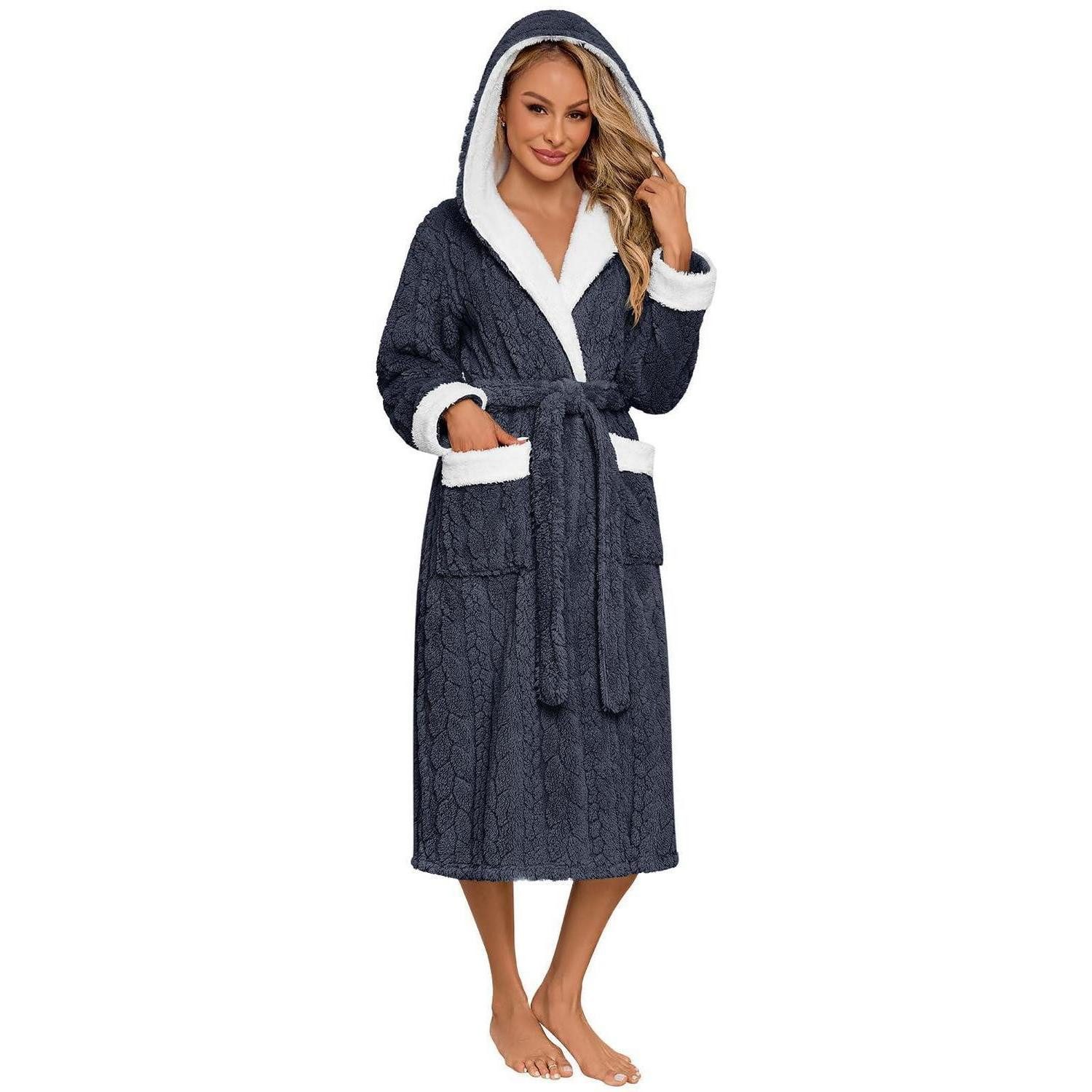 LuxusKollektion Damenbademantel Bademantel Damen Kapuze Lang Dunkelgrau M, Textil, Kapuze