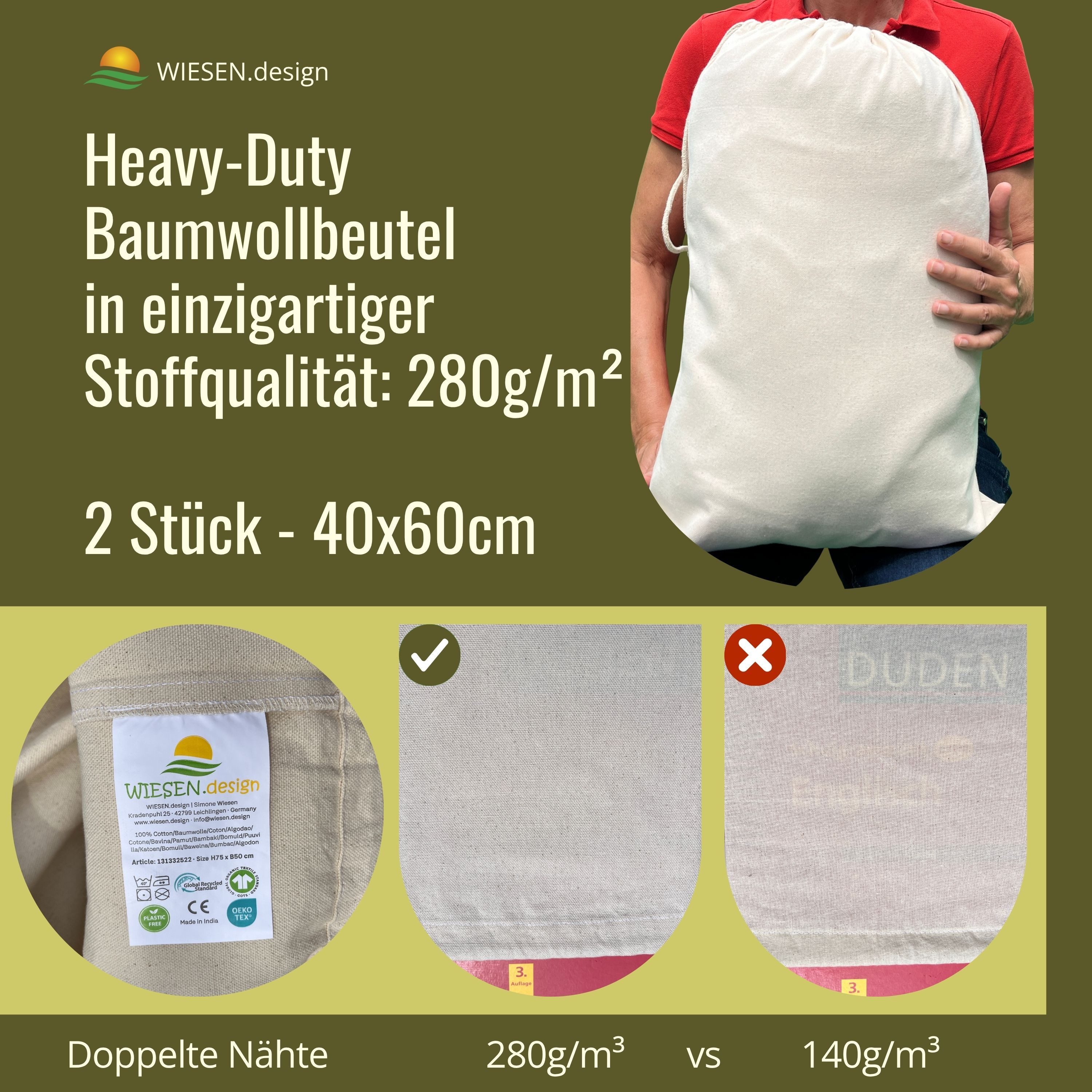 WIESEN.design Wäschesack Baumwollbeutel - 280 g/m² OEKO-TEX® zertifizierte Heavy-Duty Baumwolle (Set, 2 St., kostenfreier Versand - Stoffbeutel mit beidseitigen Kordelzug), gratis Lieferung