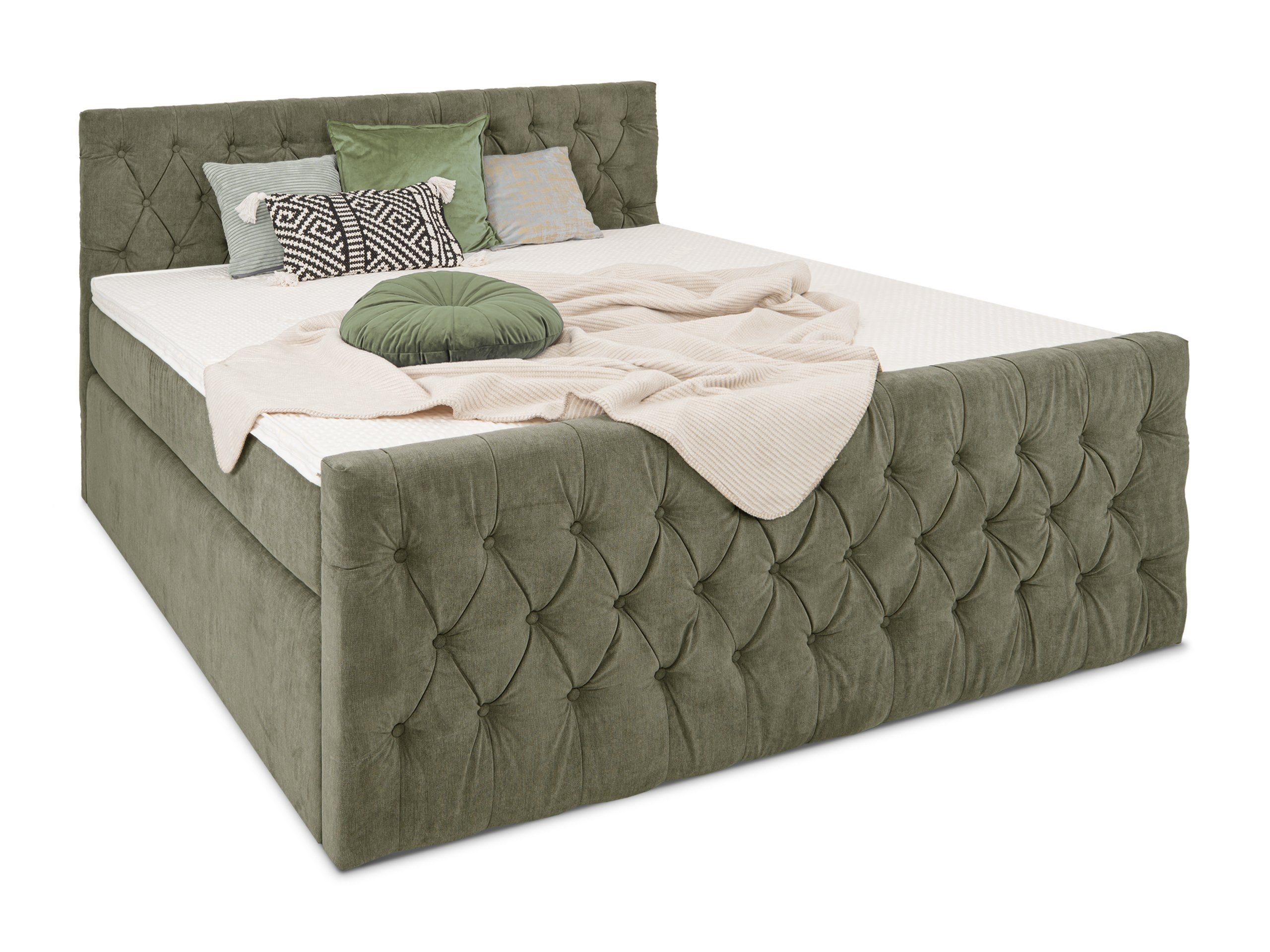 wonello Boxspringbett Madrid, inkl. 6 cm Kaltschaum-Topper olive