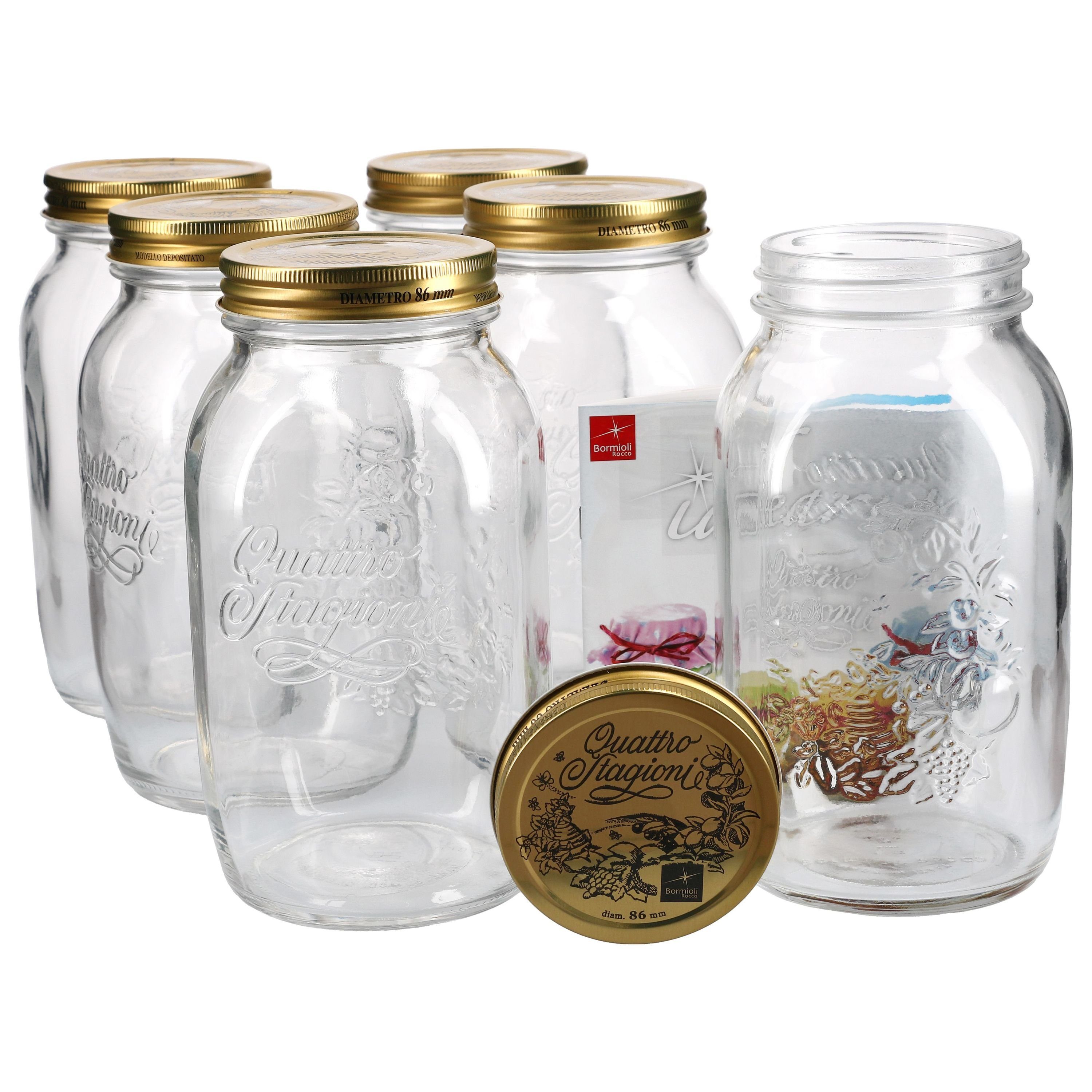 Quattro Glas incl. Original MamboCat Stagioni Einmachglas Rezeptheft, 1,5L Einmachglas 6er Set