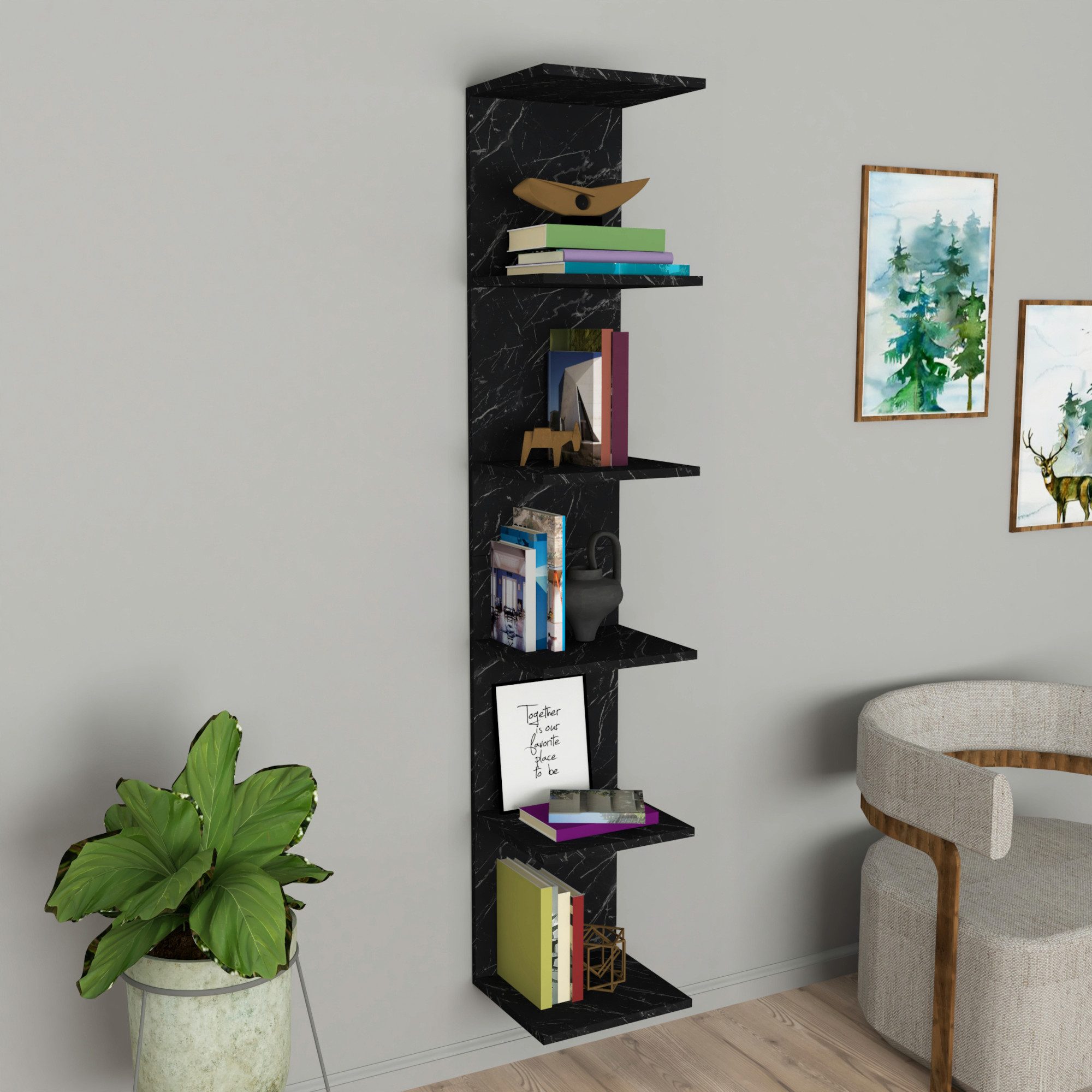 en.casa Wandregal, »Surahammar« 180 x 35 x 32 cm mit 6 Ablagen Marmoroptik, schwarz