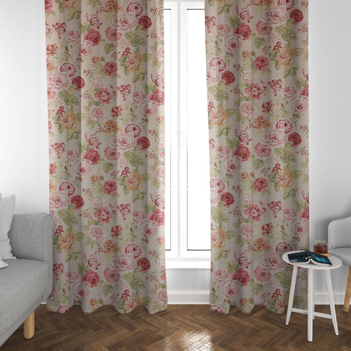 SCHÖNER LEBEN. Vorhang SCHÖNER LEBEN. Vorhang Blumen Rosen beige grün rot 245cm, Smokband, blickdicht, Baumwolle, handmade