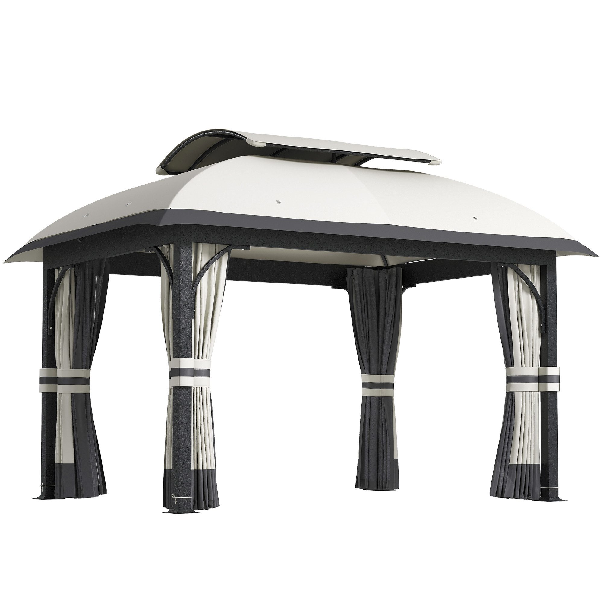 Outsunny Pavillon 4x3,3 m, mit Doppeldach, Moskitonetz, Seitenteile, mit 4 Seitenteilen, (Wasserdicht Stabil Winterfest Gartenpavillon, Garten-Pavillon), aus verzinktem Metall, für Garten, Terrasse, Hellgrau