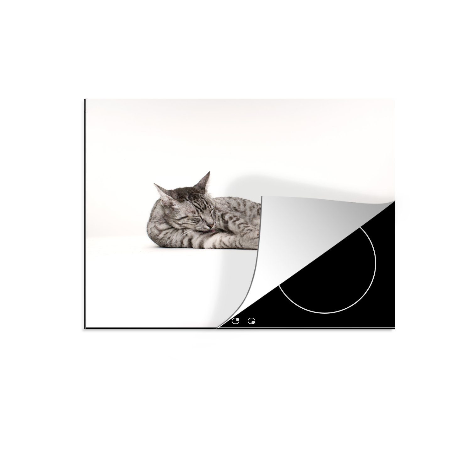 MuchoWow Herdblende-/Abdeckplatte Katze putzt sich selbst, Vinyl, (1 tlg), 70x52 cm, Mobile Arbeitsfläche nutzbar, Ceranfeldabdeckung