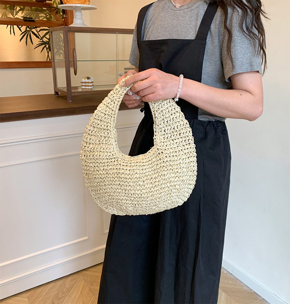 Oemmn Schultertasche Damen Strandtasche aus Stroh, handgefertigte Schultertasche, Boho-Geldbörse,mit Reißverschluss,gewebte Strandtasche