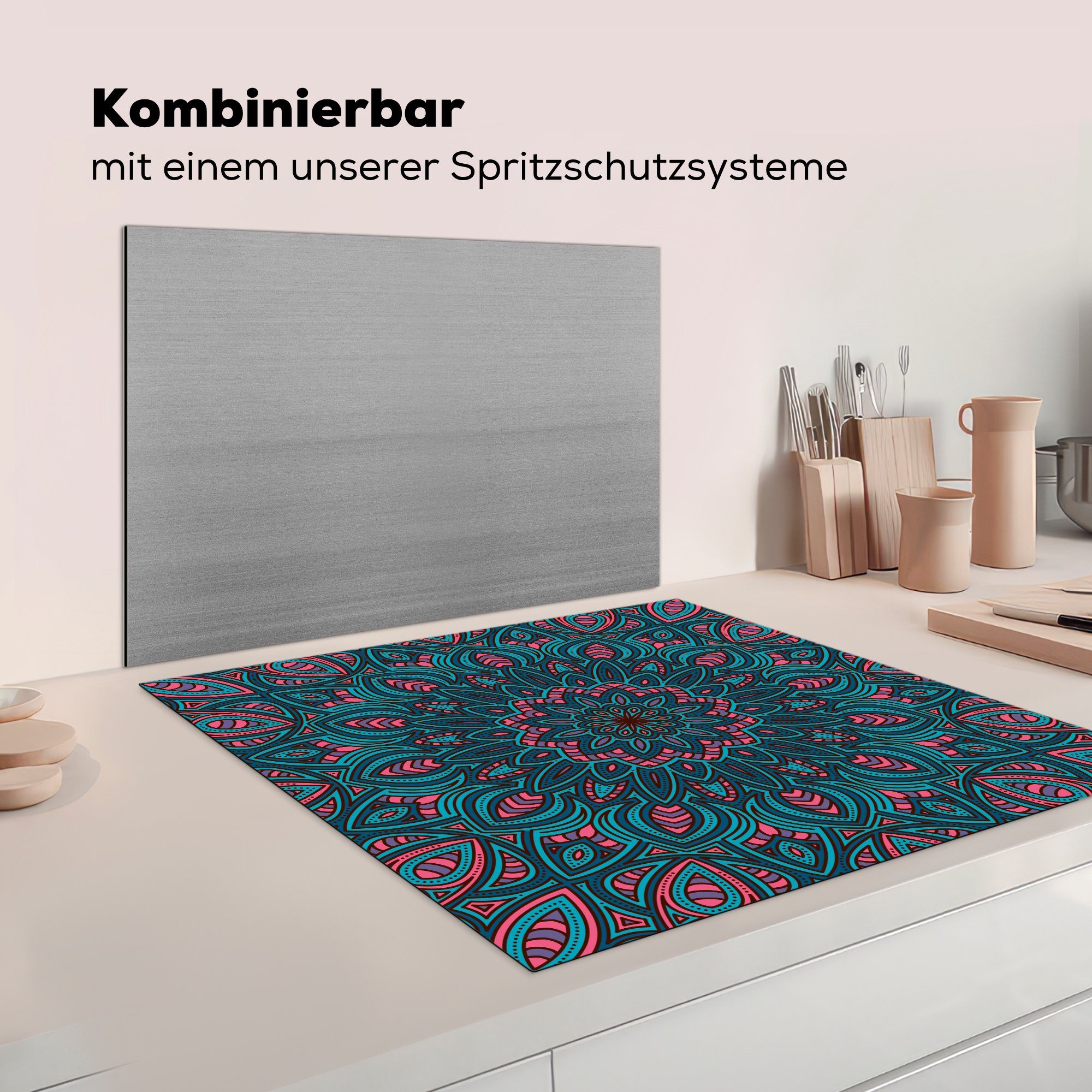 78x78 küche Natur, Herdblende-/Abdeckplatte der mit für Ceranfeldabdeckung, MuchoWow Formen cm, (1 tlg), Vinyl, Arbeitsplatte Mandala