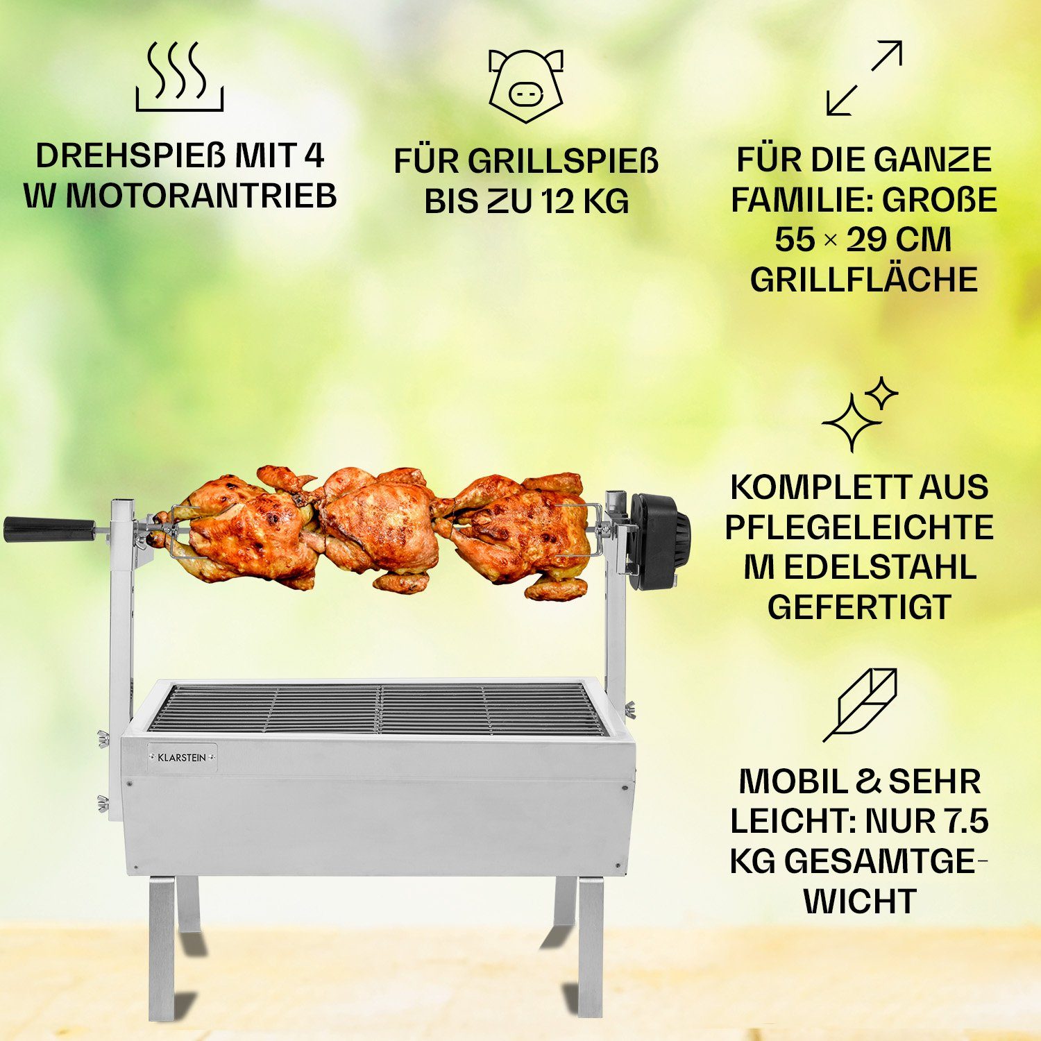 Klarstein Holzkohlegrill Sauenland Mini, Set, Grillspieß mit Motor Grill Drehspieß mit Motor Spanferkel Grill