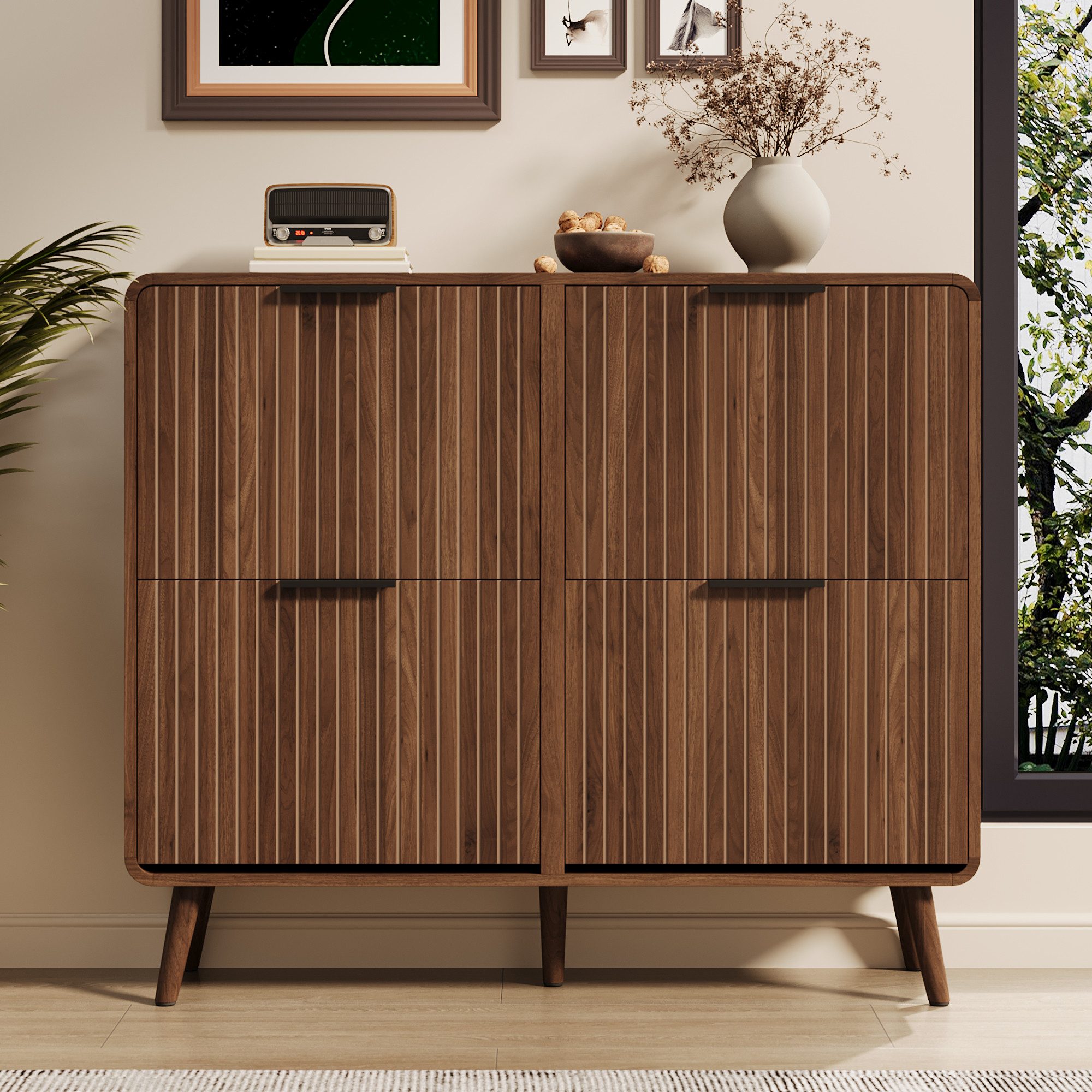 STILVORA Schuhschrank Schuhregal holz Schuhkipper mit Klappdeckel für 18 bis 24 Paar Schuhe (Packung, 1-St., Moderner skandinavischer Stil, 4 Flügeltüren) Doppelstöckiges Design mit Platz für 18–24 Paar Schuhe.