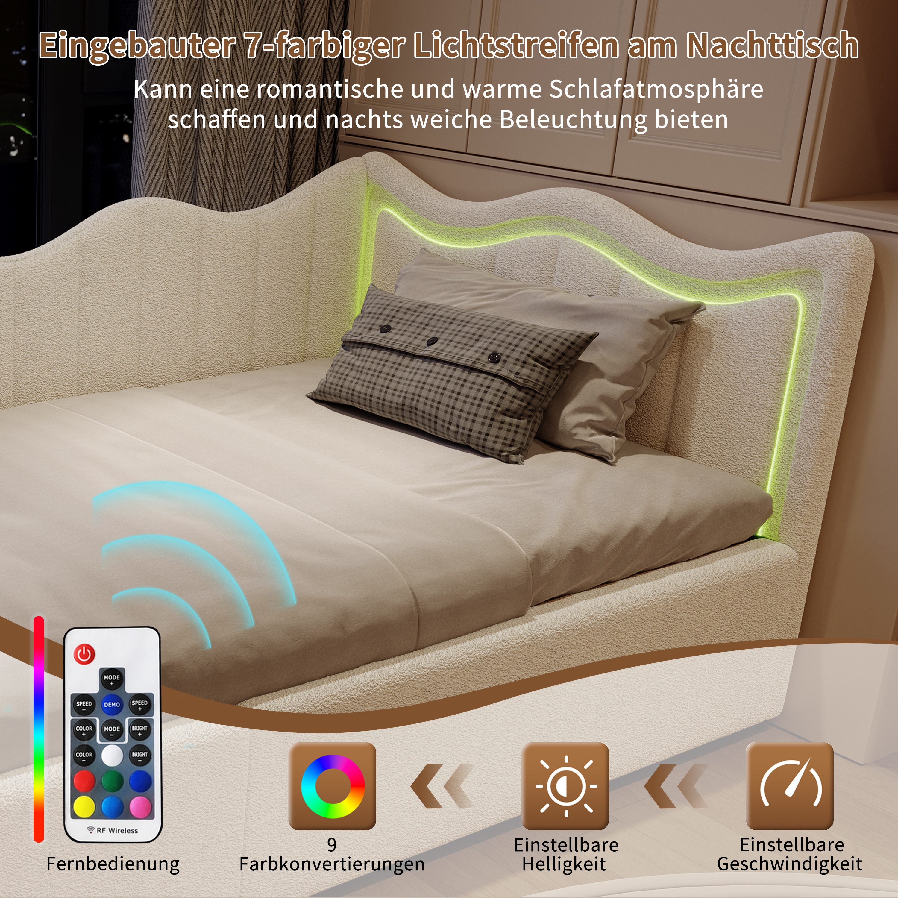 Simurq Daybett Schlafsofa 90x200 mit Bettkasten, kleines Schlafsofa, Mit LED und Lattenrost, wollähnlicher, Viskose-Bezug, Weiß