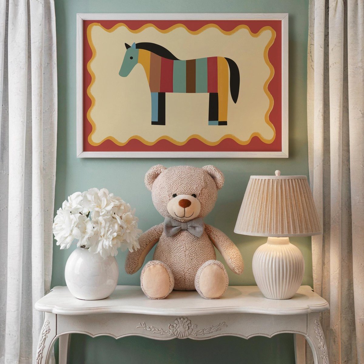 JUSTGOODMOOD Poster Kinderzimmer Pferd Bunt gestreiftes Pferd Farbenfrohe Deko für Mädchen, (1 St)