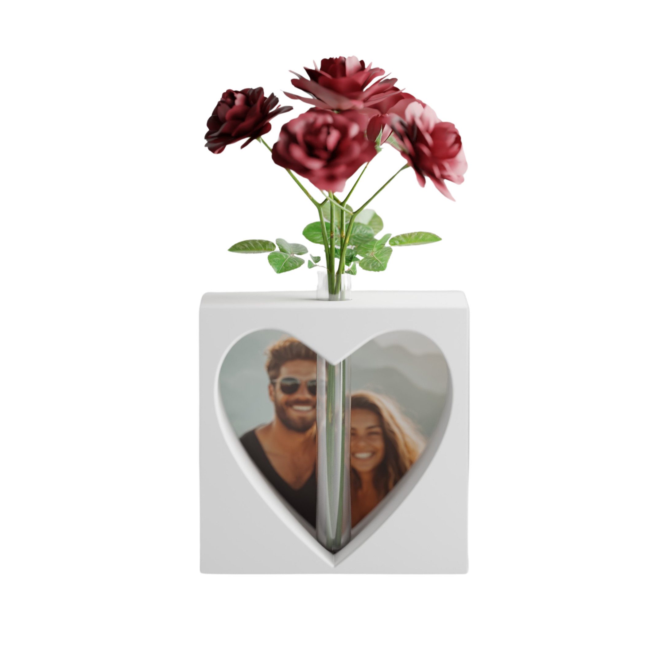 Shapes - Decorations Bilderrahmen Herz Vase mit Foto Einsatz – Deko mit Herz Aussparung und Glasröhrchen, für 1 Bilder, 3D-Effekt mit Herzform, Röhrchen für einzelne Blume