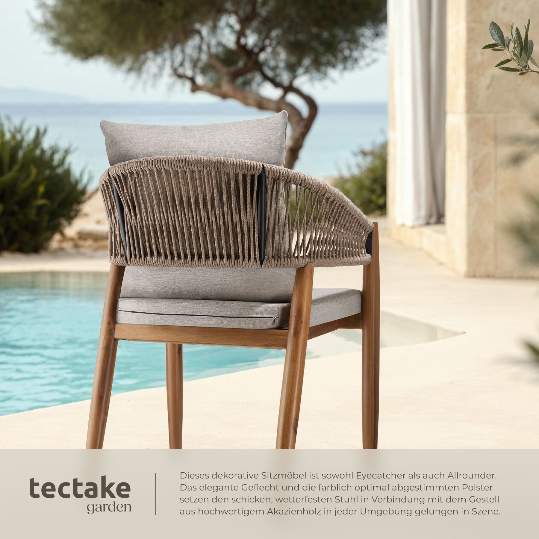 tectake Gartenstuhl Outdoor-Sessel Akazienholz, wetterfest, Rope-Design, verstellbare (Outdoostuhl Manacor, 4 St), Wasserabweisende Bezüge, abnehmbar, Inkl. Sit – Bild 4 von 5