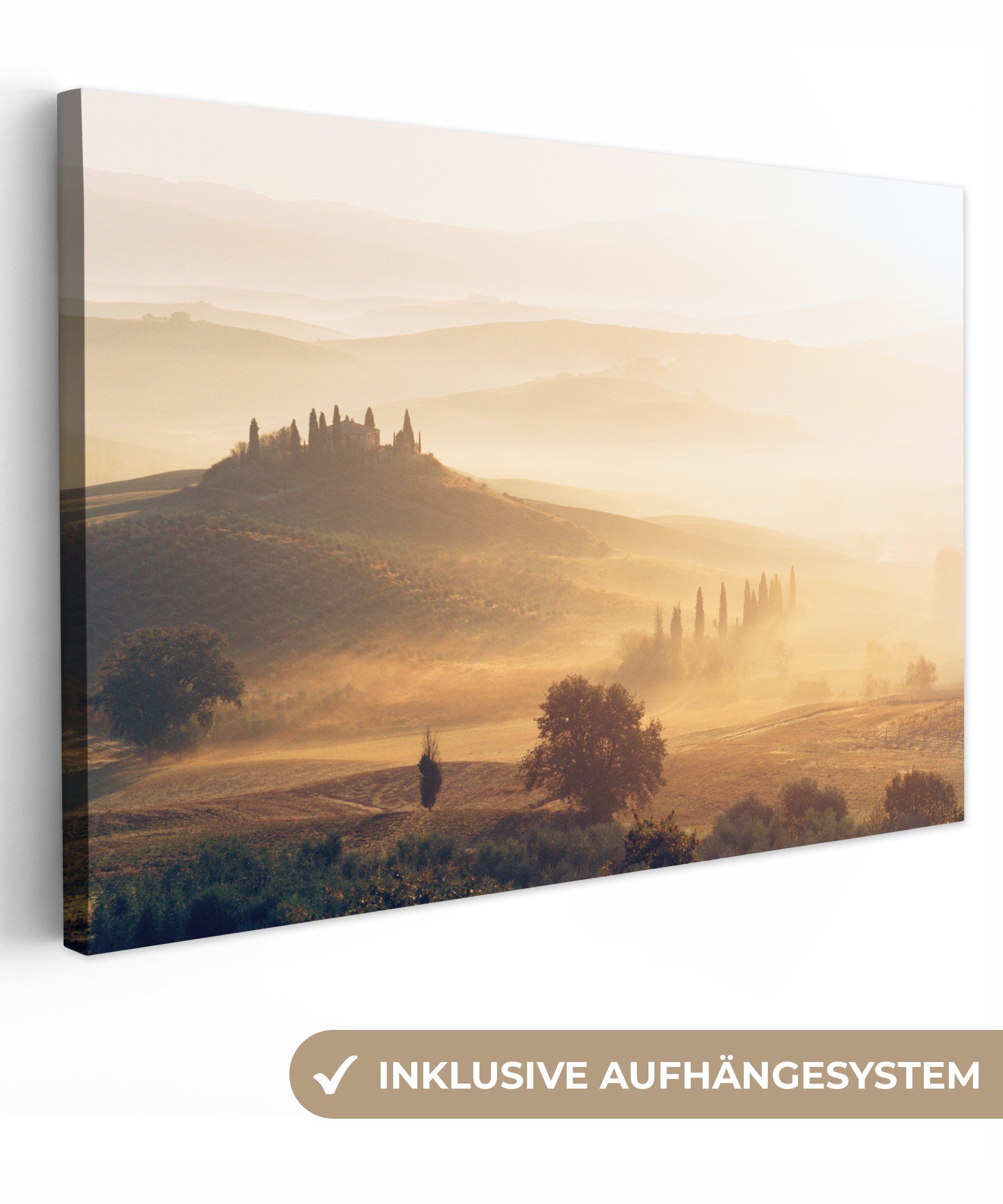 OneMillionCanvasses® Leinwandbild Toskana - Nebel - Sonne, (1 St), Wandbild Leinwandbilder, Aufhängefertig, Wanddeko, 30x20 cm