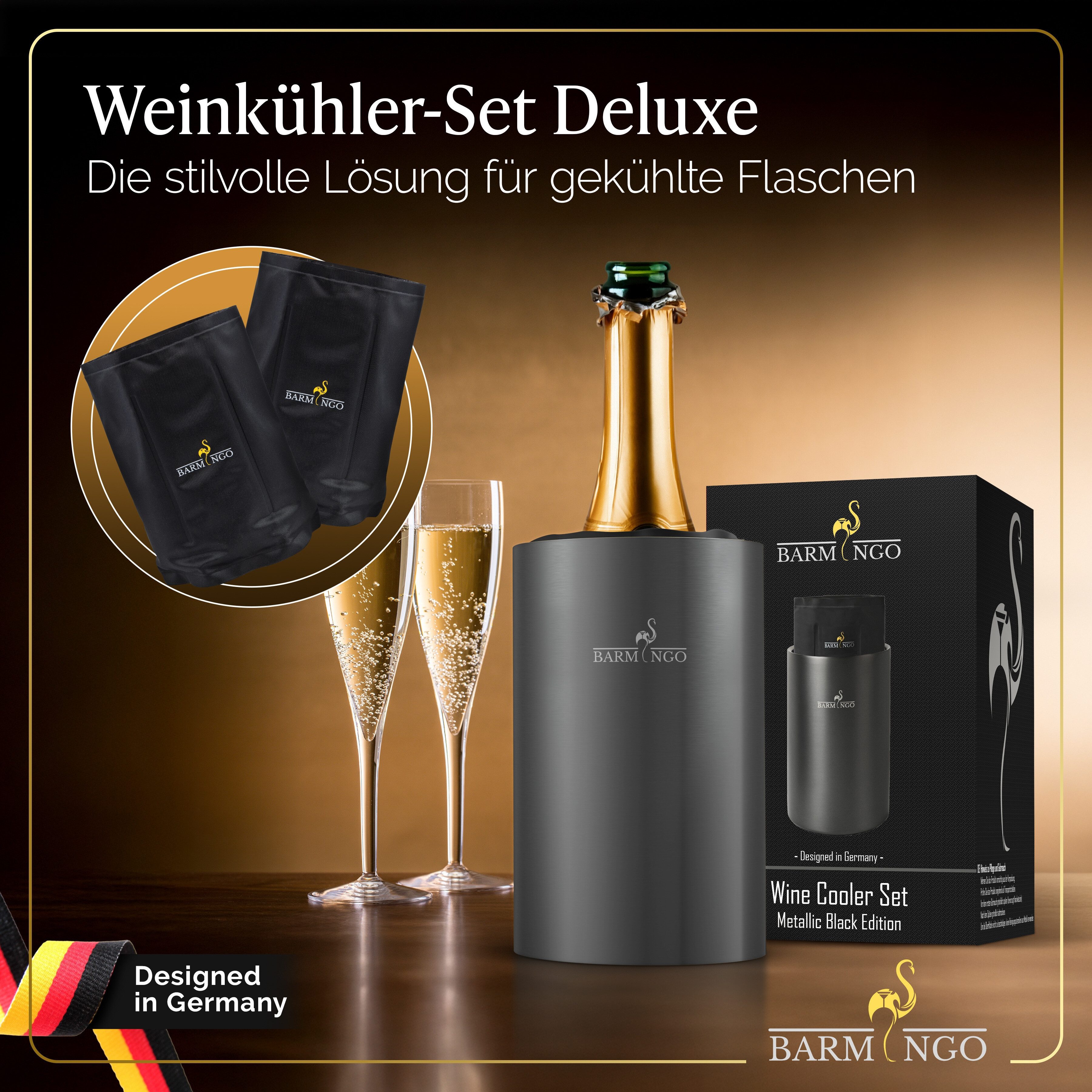BARMINGO Wein- und Sektkühler Edelstahl mit 2 Kühlmanschetten, Weinflaschenkühler & Getränkekühler, doppelwandiger Flaschenkühler für Wein, Sekt & Champagner