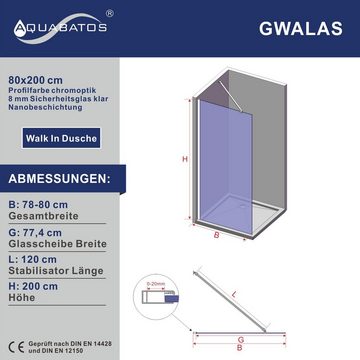 AQUABATOS Walk-in-Dusche Duschtrennwand walk in Glasduschwand Duschwand für begehbare Dusche, 8 mm ESG-Sicherheitsglas mit Nanobeschichtung, barrierefrei mit Verstellbereich, Breite 80 90 100 110 120 cm