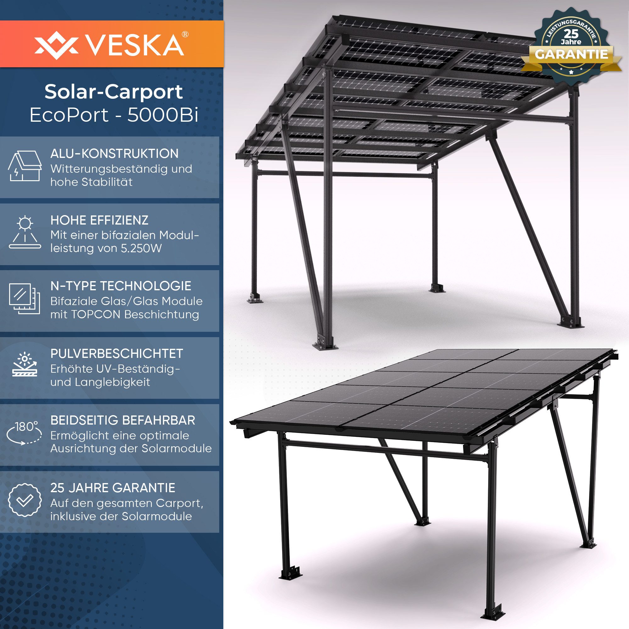 VESKA Solarmodul Solar Carport Glas/Glas PV Garage, 5250,00 W, Monokristallin, (Aluminium Solarcarport 5,60 x 3,70m - 5,25KW - EcoPort 5000Bi)