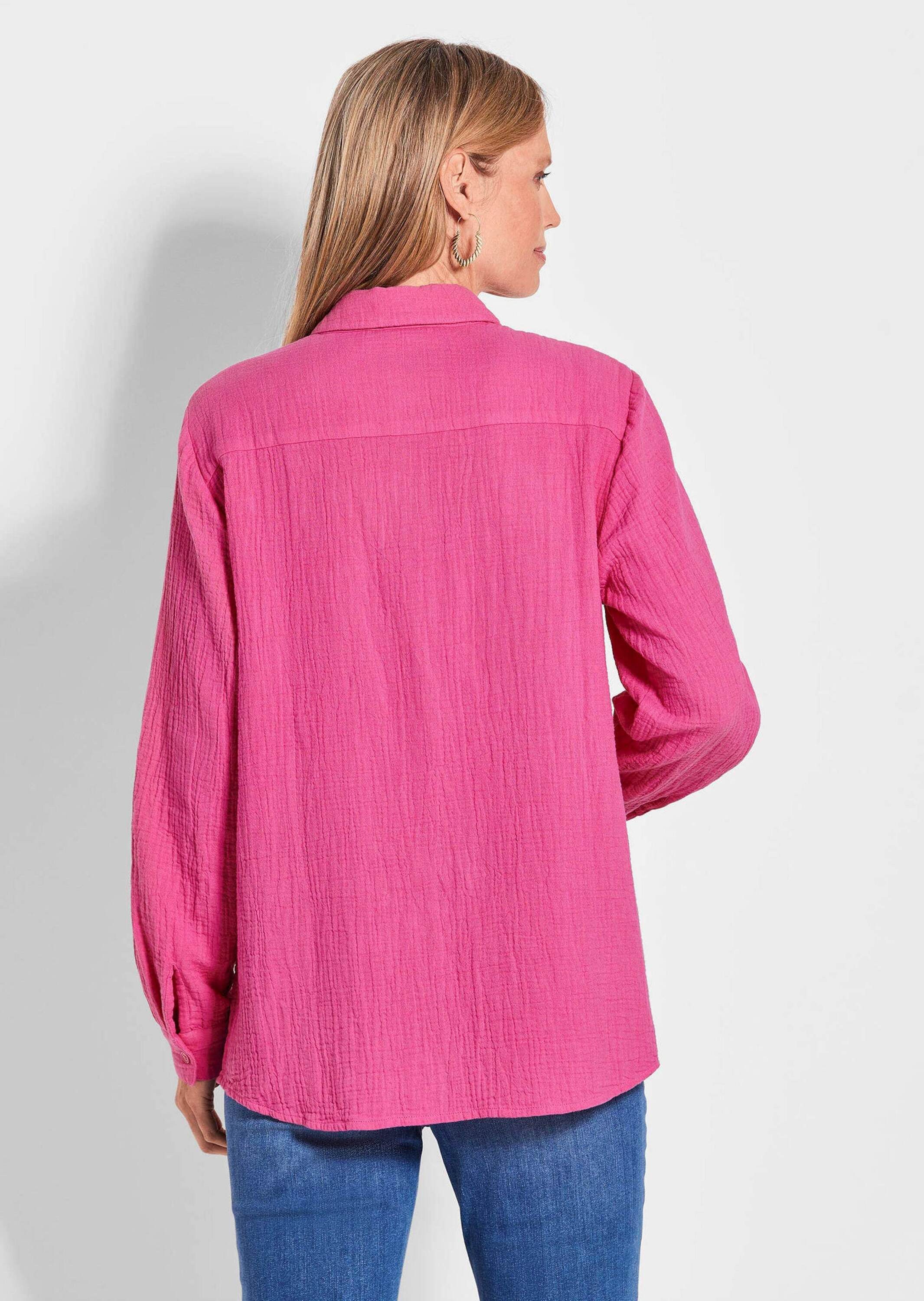 GOLDNER Hemdbluse Kurzgröße: Verlängerte Langarm Musselin-Bluse Luftiges Musselin-Hemd für Damen mit Seitenschlitzen