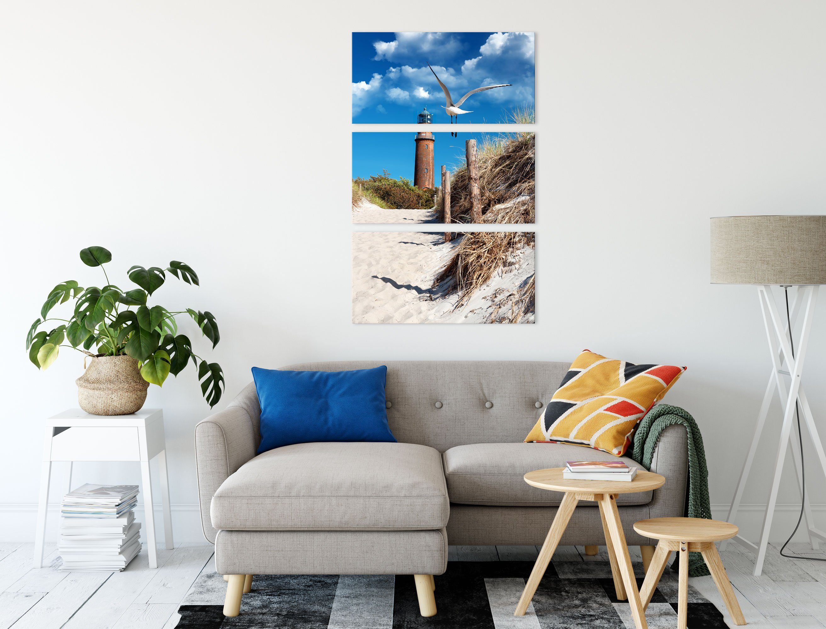 Leuchtturm Leinwandbild Schöner inkl. am Zackenaufhänger am 3Teiler St), Strand (1 Leuchtturm Leinwandbild bespannt, Schöner (120x80cm) Pixxprint Strand, fertig