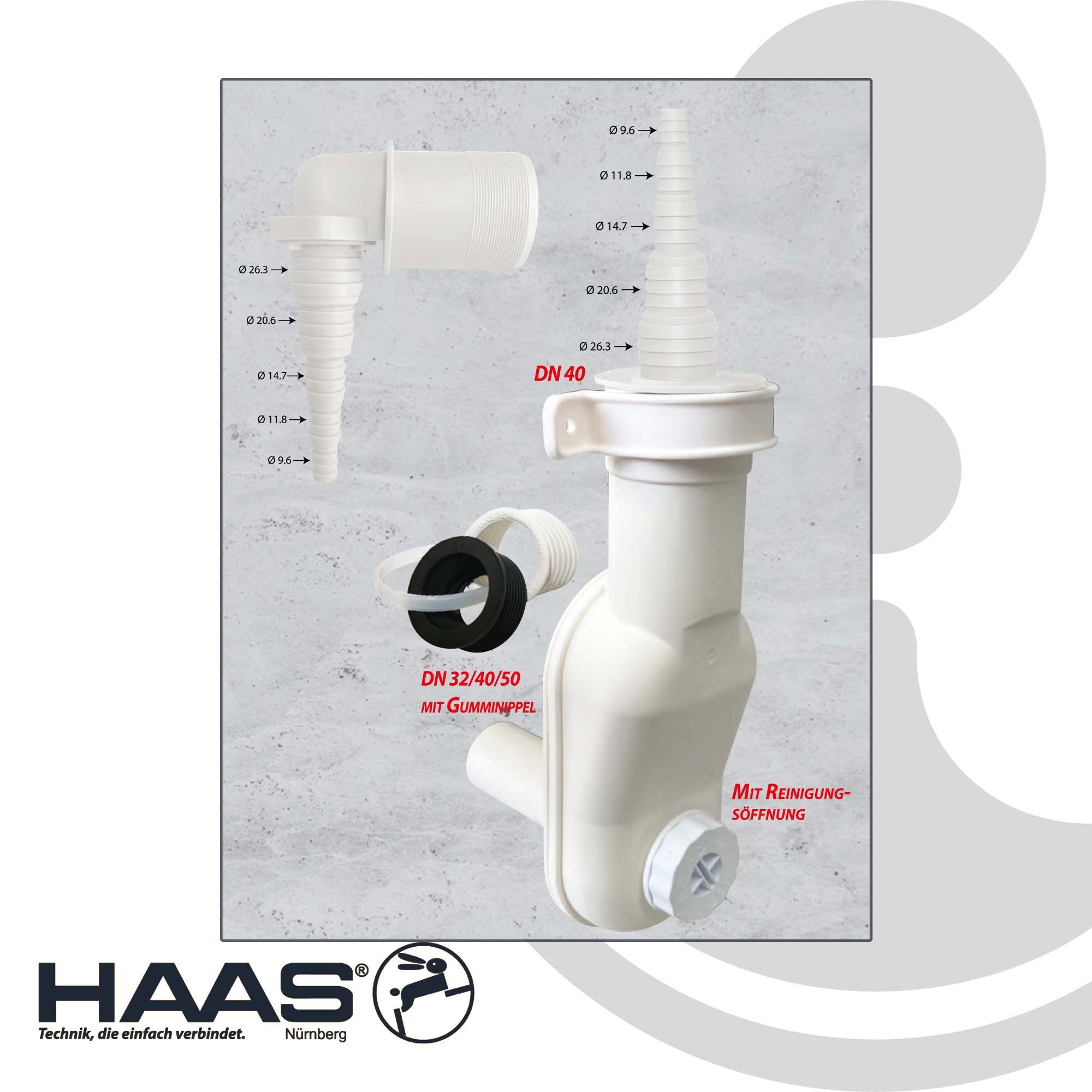 HAAS Ablaufrohr Raumspar-Geräte-Siphon 1950 - DN 32/40/50 mit Reinigungsöffnung