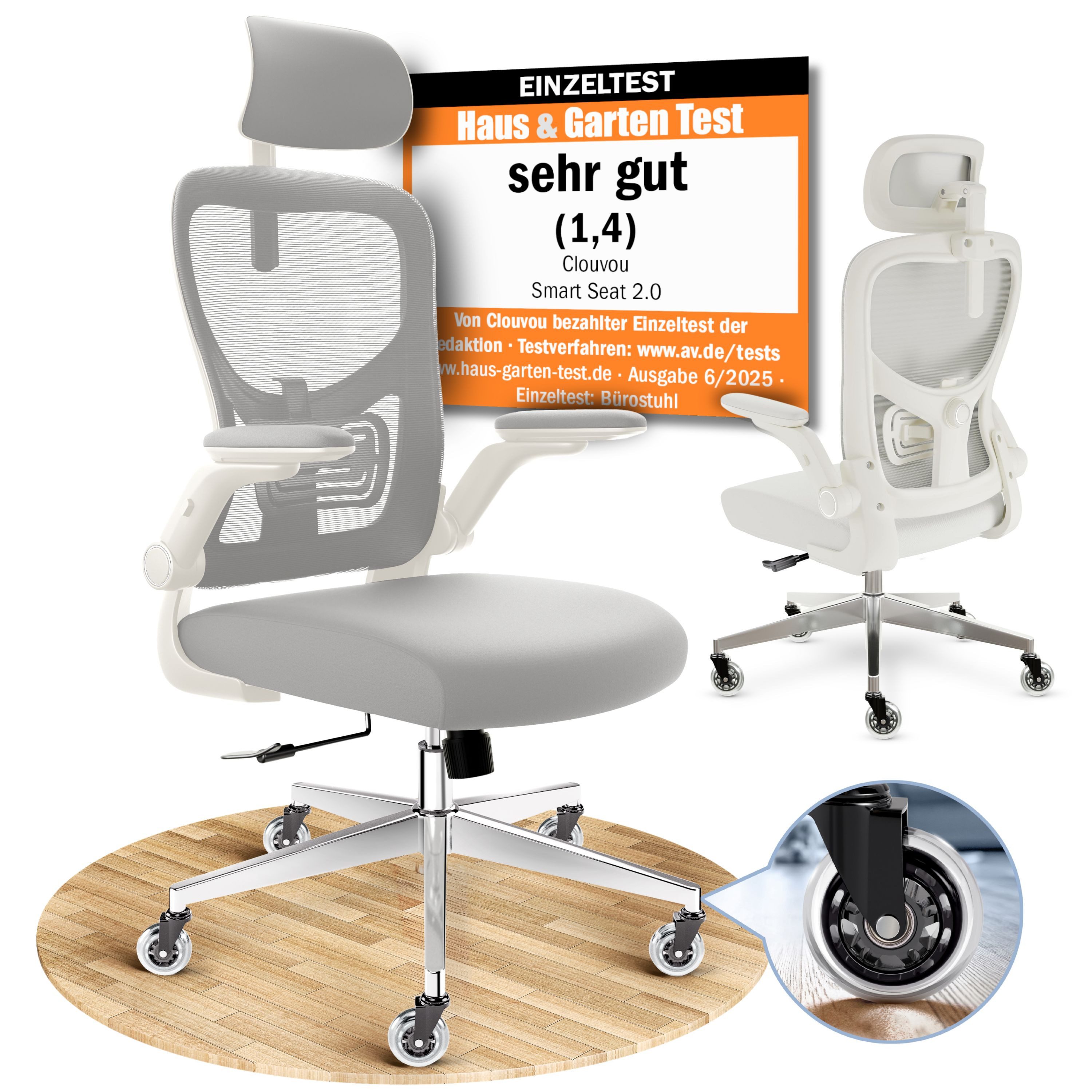 CLOUVOU Bürostuhl Ergonomisch, Schreibtischstuhl bis 150 kg - Testsieger (SmartSeat - Chefsessel für Arbeitszimmer, 3D-Kopfstütze & Flip-Up Armlehnen), Blade Wheels, Homeoffice, Gaming Stuhl, Drehstuhl