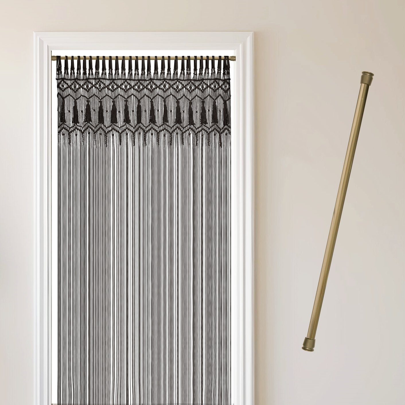 Cozyor Türvorhang Makramee 132 x 200 cm Boho Vorhang Fenstervorhang Raumteiler (1 St), Schlaufen, Baumwolle, mit Klemmstange ohne Bohren schwarz, Wandteppich Raumtrenner