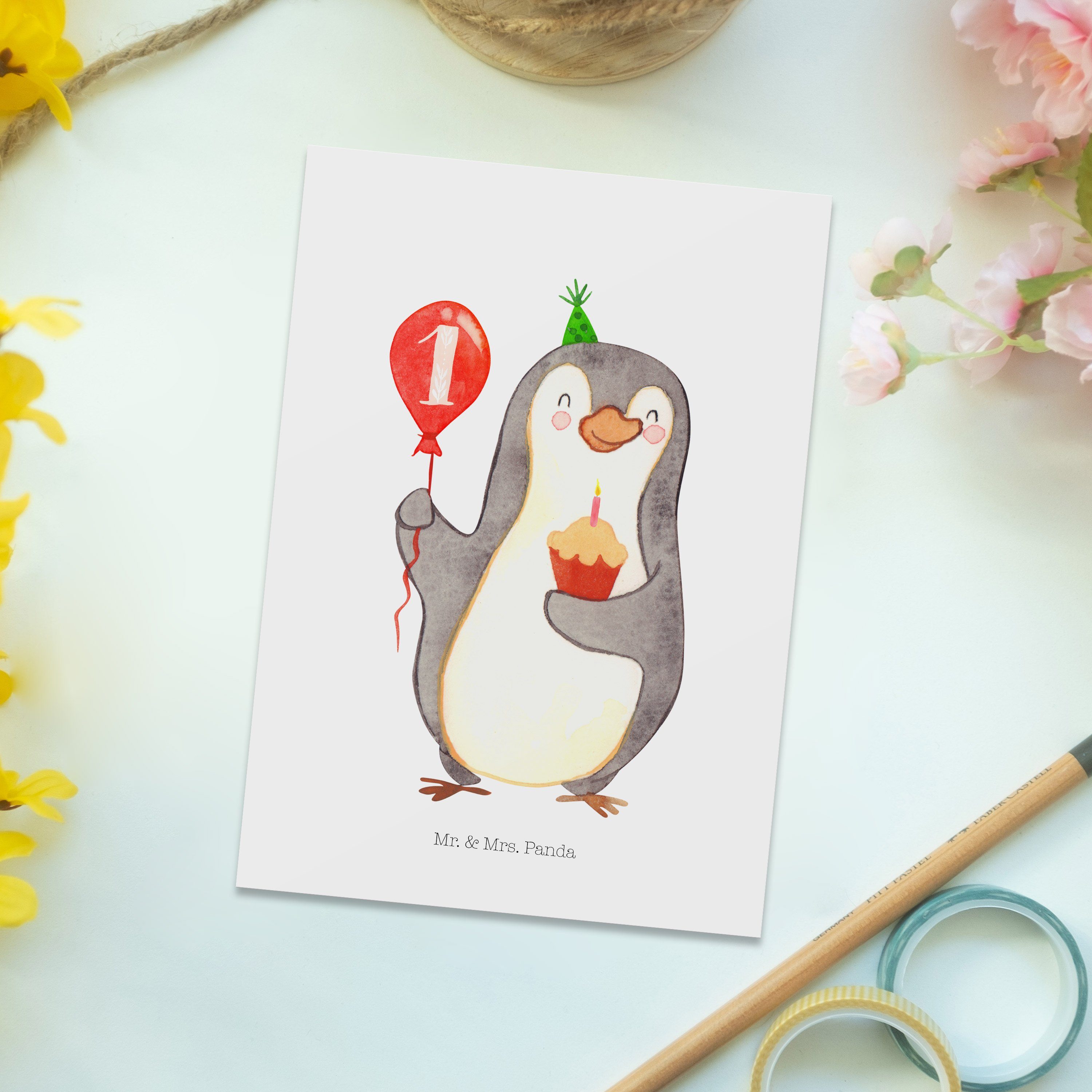 Panda Geburtstag & - Luftballon - Weiß 1. Geburtstagsgesche Pinguin Mrs. Geschenk, Mr. Postkarte