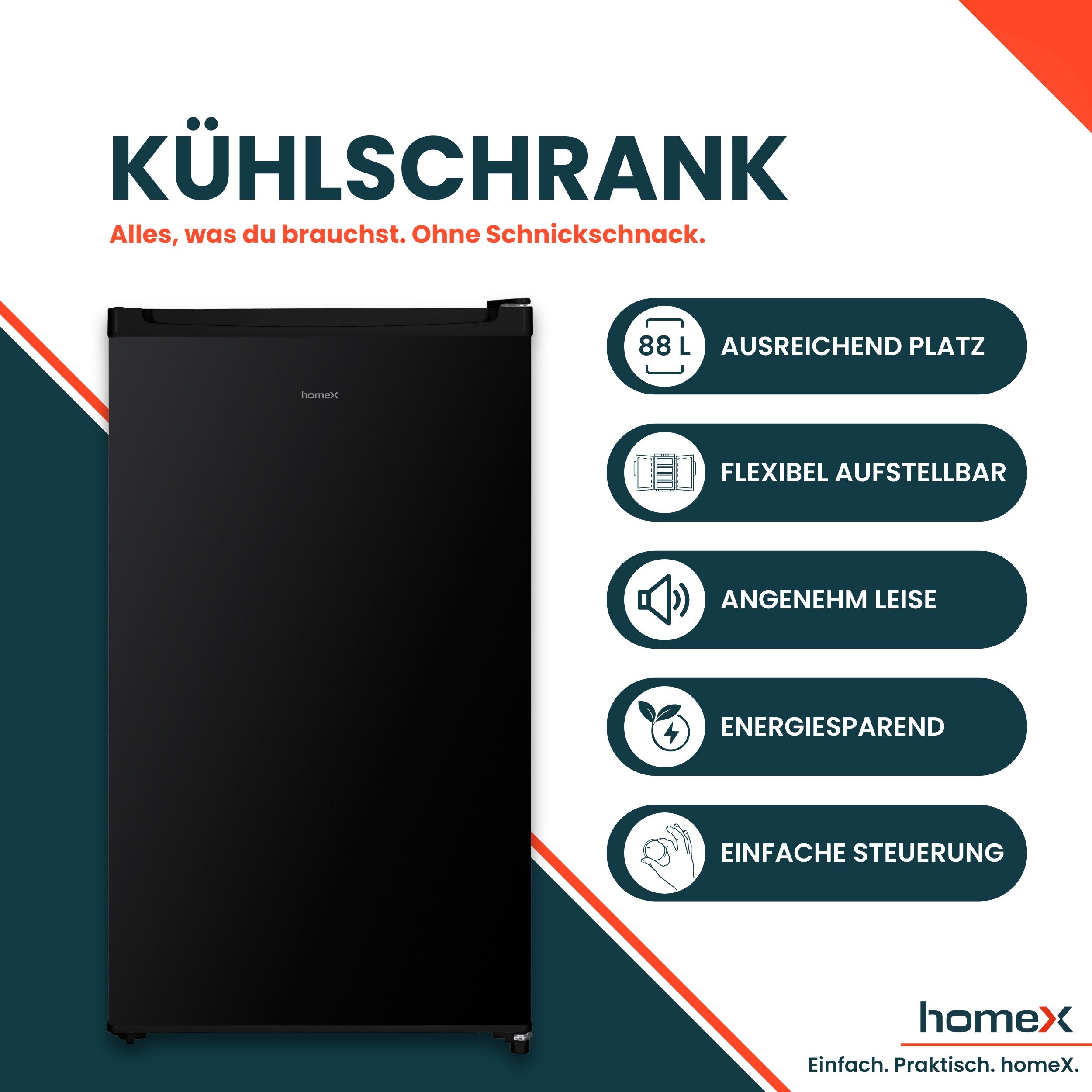homeX Kühlschrank CS1016-B, 85 cm hoch, 47.5 cm breit, 88 Liter, Tischkühlschrank ohne Gefrierfach, klein, freistehend, leise