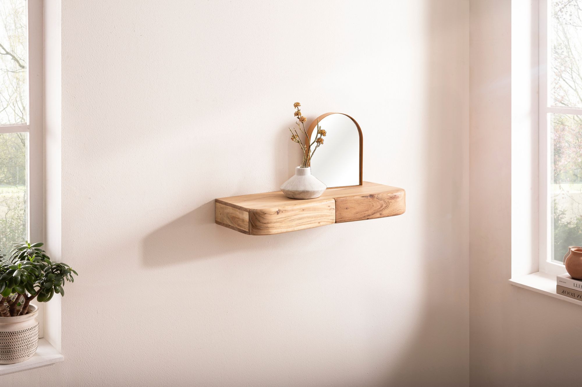 Wohnling Wandregal WL7.386 Schweberegal Akazie Massivholz 60cm Regal Wandboard Schubladen, Massivholz Wandregal mit Schubladen, Praktische Ablage für moderne Wohnräume