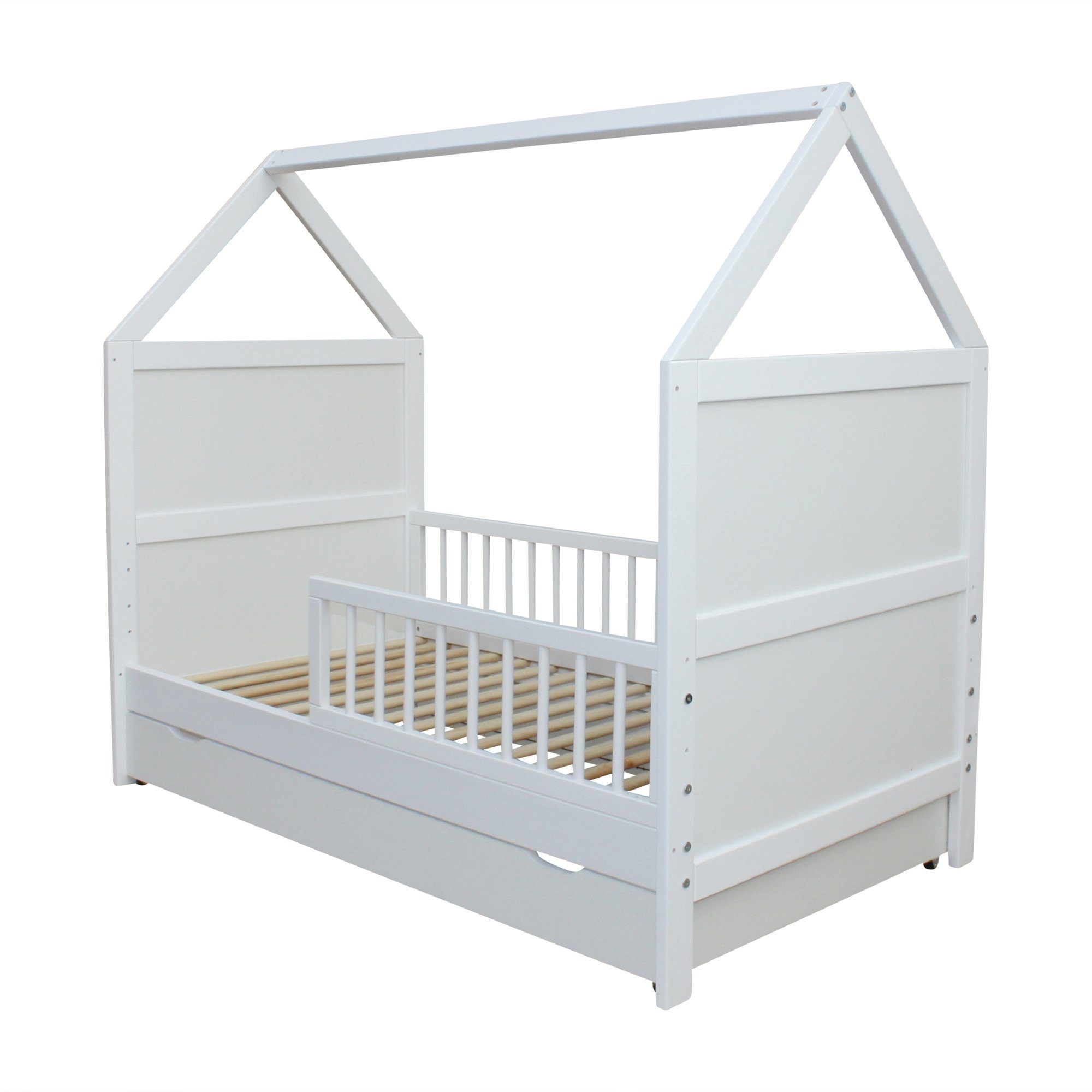 Micoland Kinderbett Babybett Kinderbett Juniorbett Bett Haus 140x70cm + Schublade 0 - 6 J. (Bett mit Lattenrost, Sicherheitsgitter und Schublade), durch den Umbau bis zum 6. Lebensjahr nutzbar