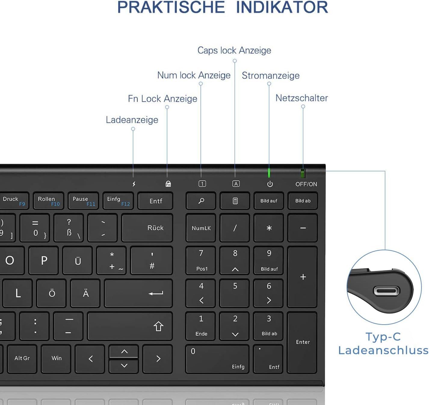 Seenda WGJP-031B Tastatur Maus Set Kabellos Wiederaufladbare Aluminium Maus (Funk, Ultradünne und Leise Funktastatur mit kompaktes Design)