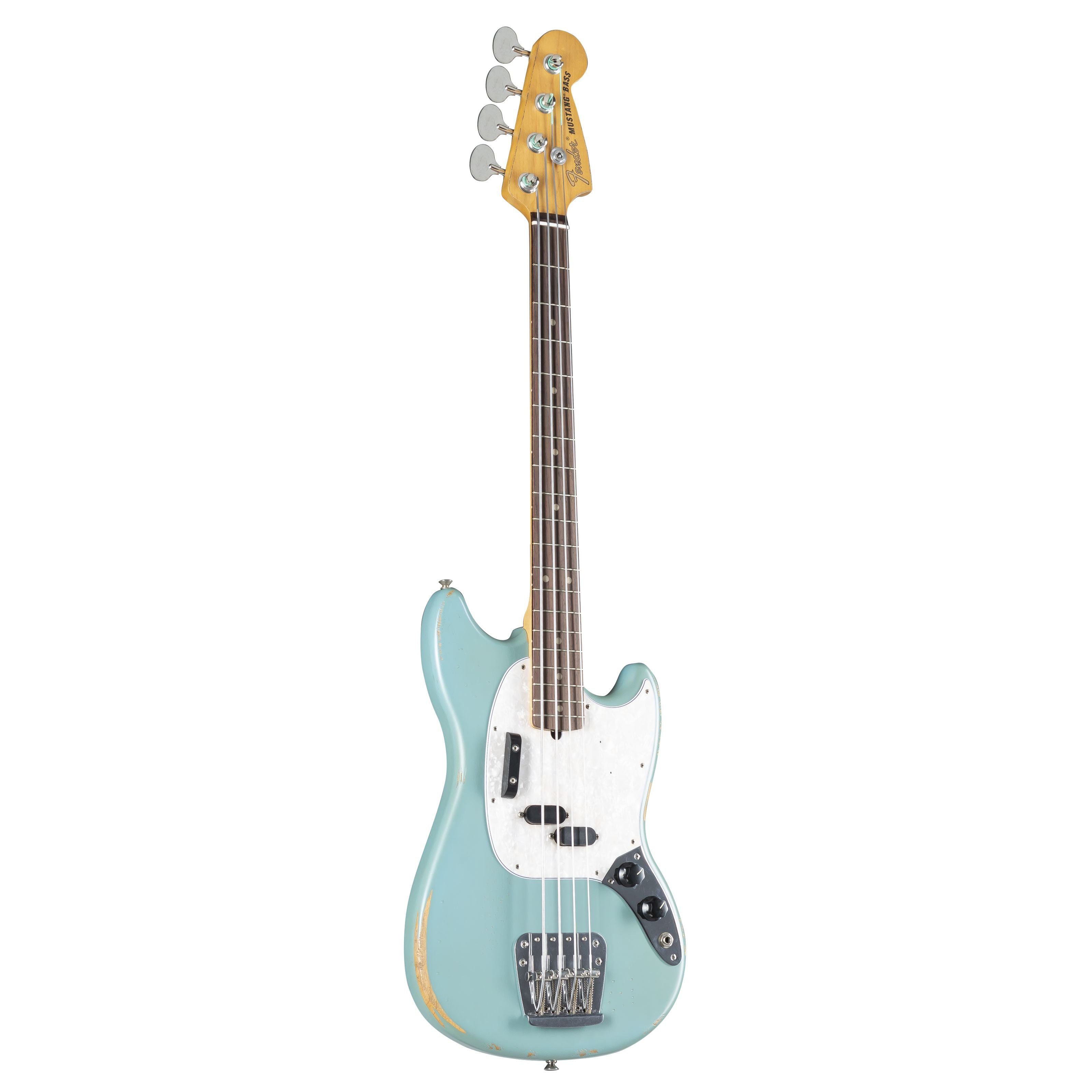 Fender E-Bass, Justin Meldal-Johnsen Road Worn Bass Faded Blue - 4-String Electric Bass, E-Bässe, 4-Saiter E-Bässe, Justin Meldal-Johnsen Road Worn Mustang Bass Faded Daphne Blue -