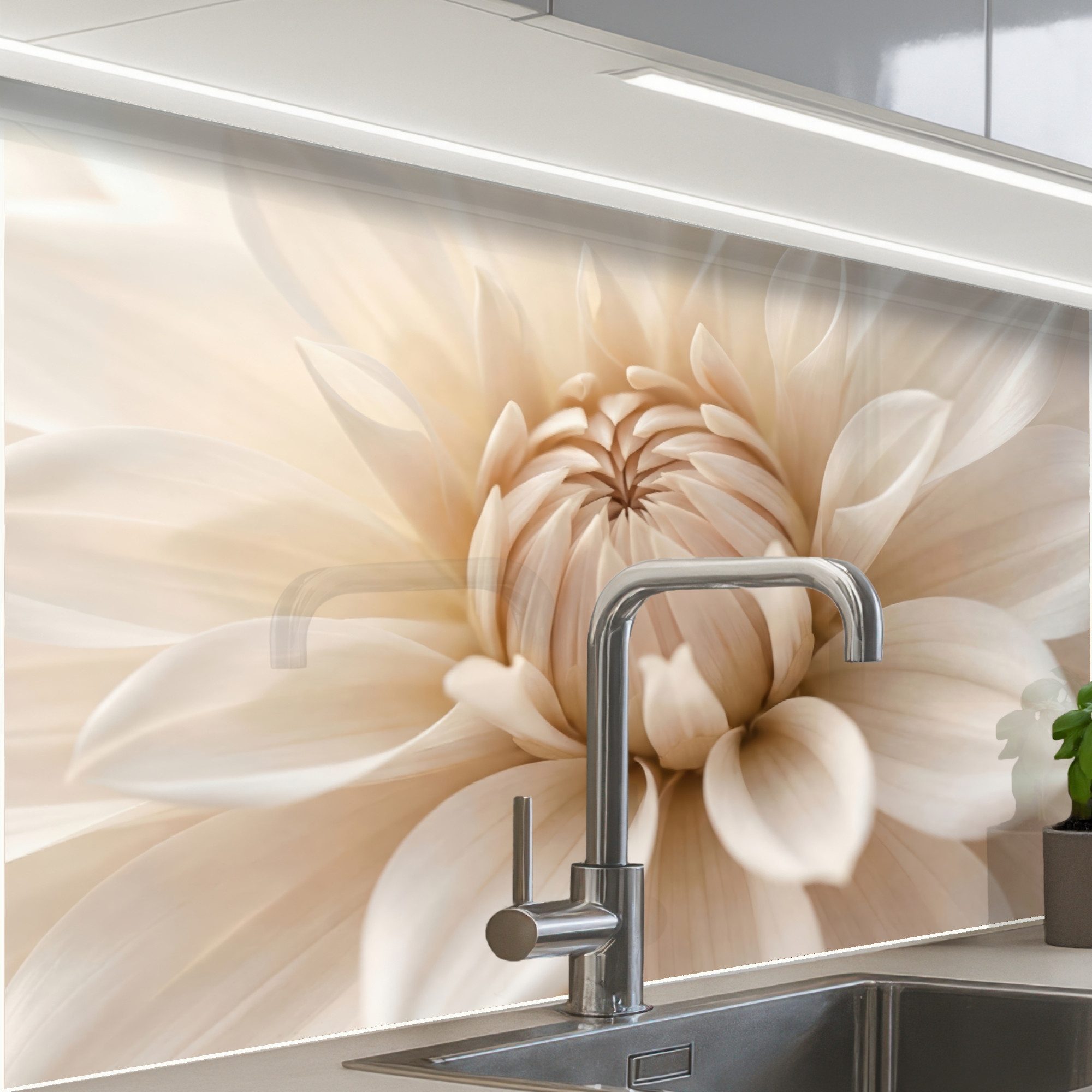 KitchenYeah Küchenrückwand Muster selbstklebend (keine Folie) Blume - Dahlie - Weiß, (1-tlg), Spritzschutz, Küche, Rückwand, Küchenwand, Küchenfront, 30x20 cm