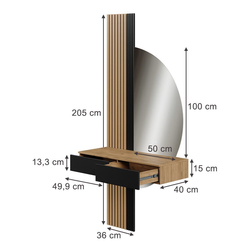 Vicco Schminktisch Melina, Eiche/Schwarz, 100 cm mit LED-Spiegel (2-St)