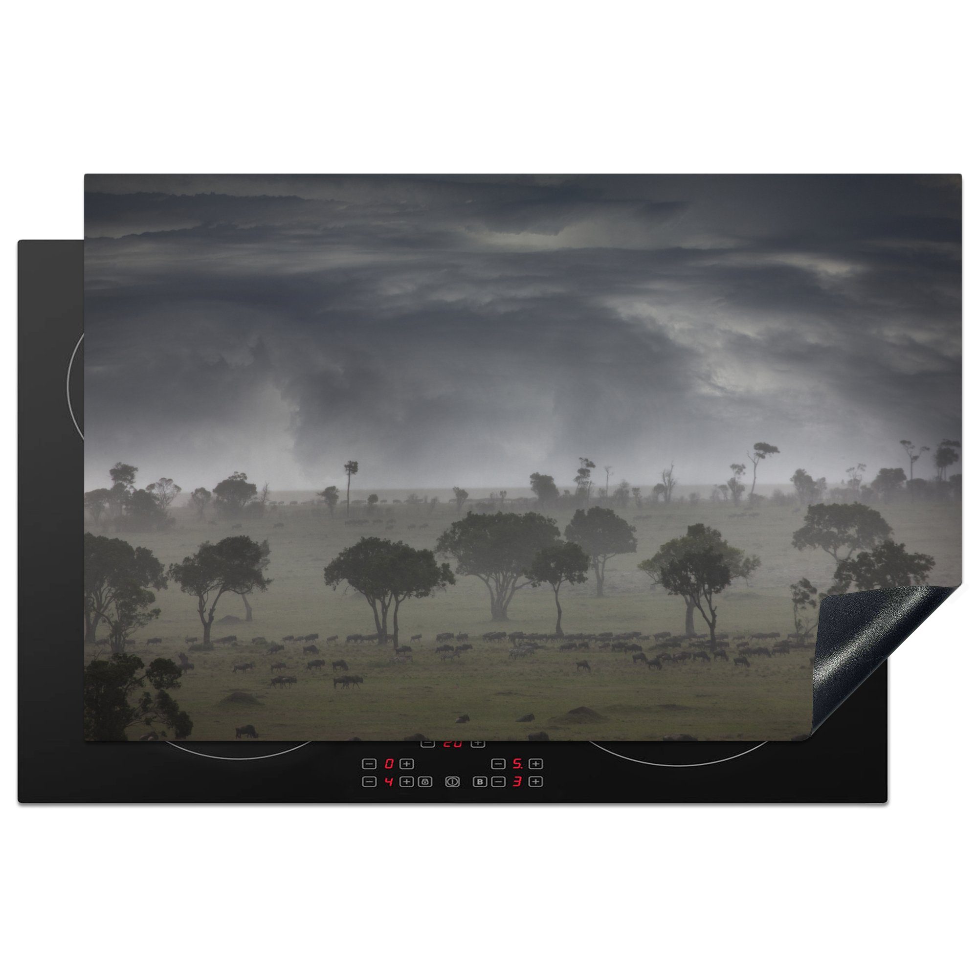 MuchoWow Herdblende-/Abdeckplatte Gewitterwolken im Masai Mara National Park in Kenia, Vinyl, (1 tlg), 81x52 cm, Induktionskochfeld Schutz für die küche, Ceranfeldabdeckung