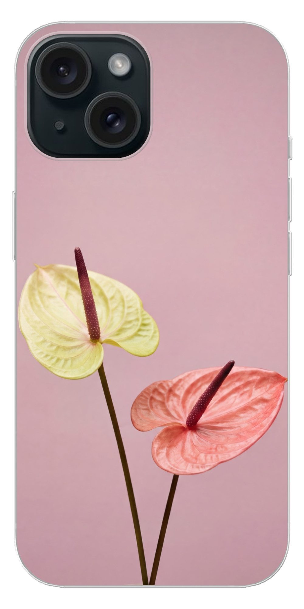 MuchoWow Handyhülle für Apple iPhone 15 Blumen - Anthurien - Gelb - Rosa, Smartphone-Bumper, Print, Handy Schutzhülle Dünn