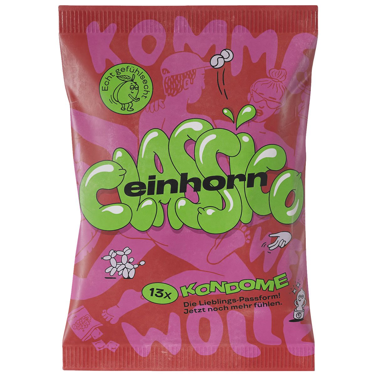 einhorn Kondome CLASSICO (54mm Breite + Comfort-Form) Packung mit, 13 St., Fairstainability Kondome - kreativ, umweltbewusst & fair gehandelt, vegane Kondome in der Chipstüte