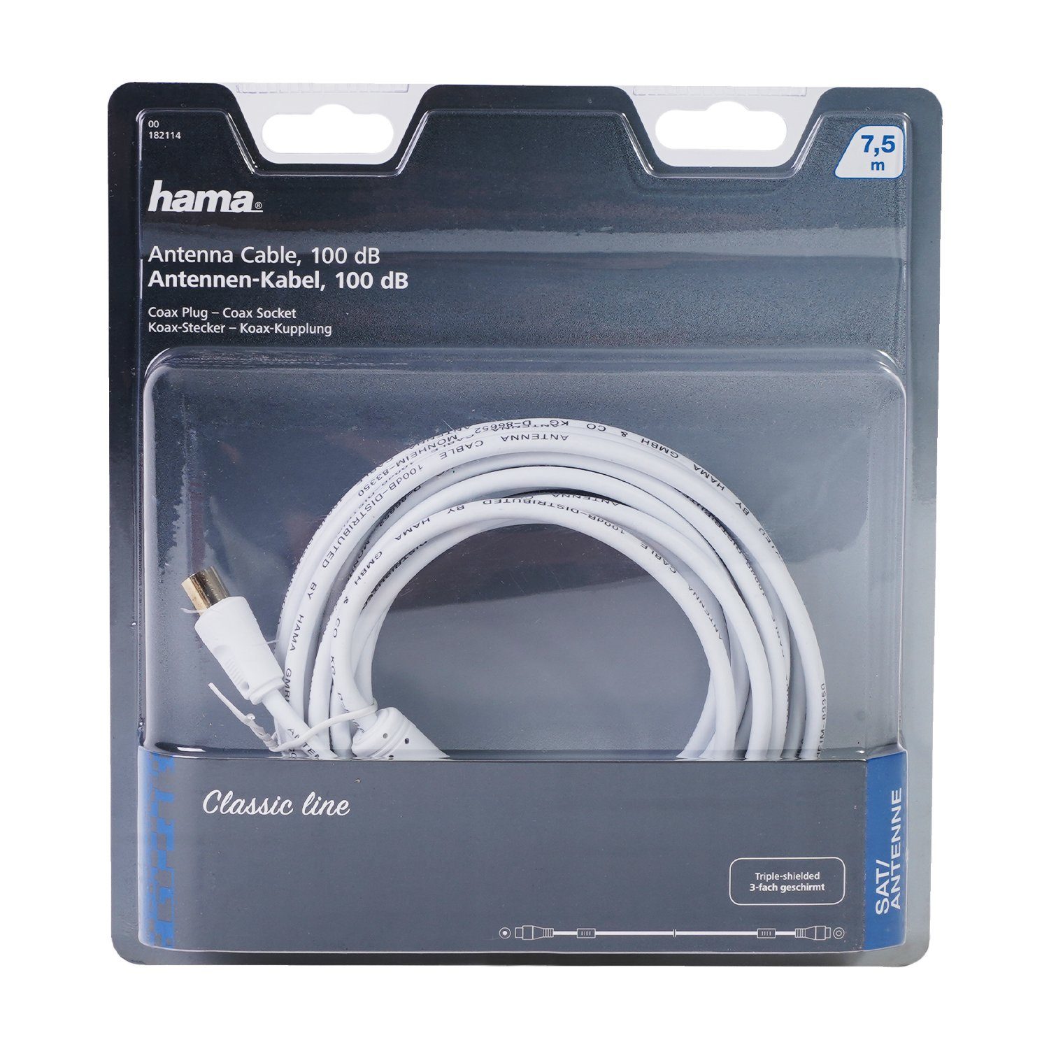 Hama 7,5m Antennen-Kabel 100db Koaxial-Kabel Video-Kabel, Koaxial, Koaxial (750 cm), Koax-Kabel für Full HD TV 4K UHD, 100 db 3x geschirmt, vergoldet, 7,5m