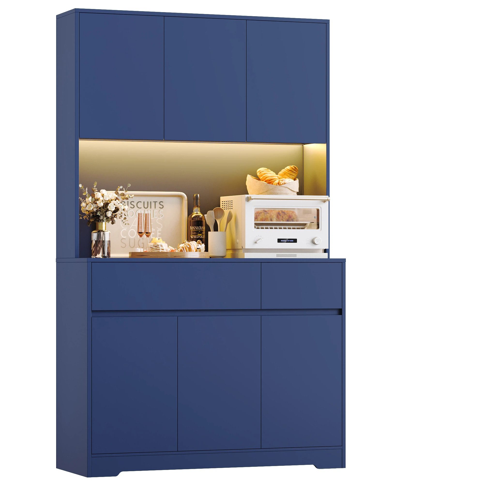 Homfa Küchenbuffet Küchenschrank Buffetschrank Hochschrank mit Arbeitsplatte, 6 Türen und Schubladen