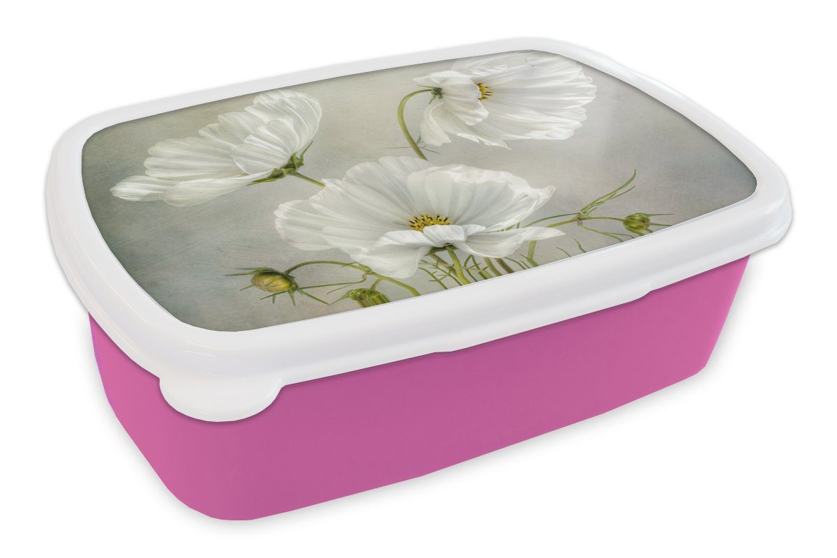 MuchoWow Lunchbox Blumen - Stillleben - Mohn - Weiß - Botanisch, Kunststoff, (2-tlg), Brotbox für Erwachsene, Brotdose Kinder, Snackbox, Mädchen, Kunststoff rosa