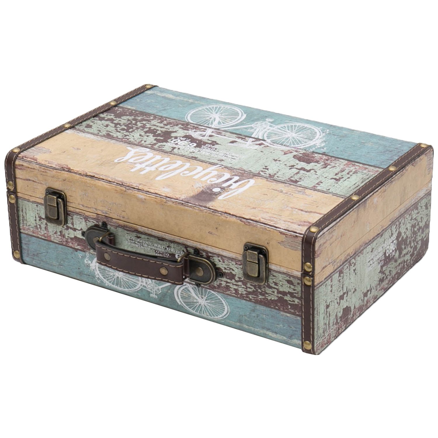 HMF Aufbewahrungsbox Vintage Koffer Holz, Aufbewahrungsbox mit Deckel und Ledergriff als, Geschenkidee für Hochzeit oder Geburtstag, Fahrrad, 38 x 26 x 13 cm