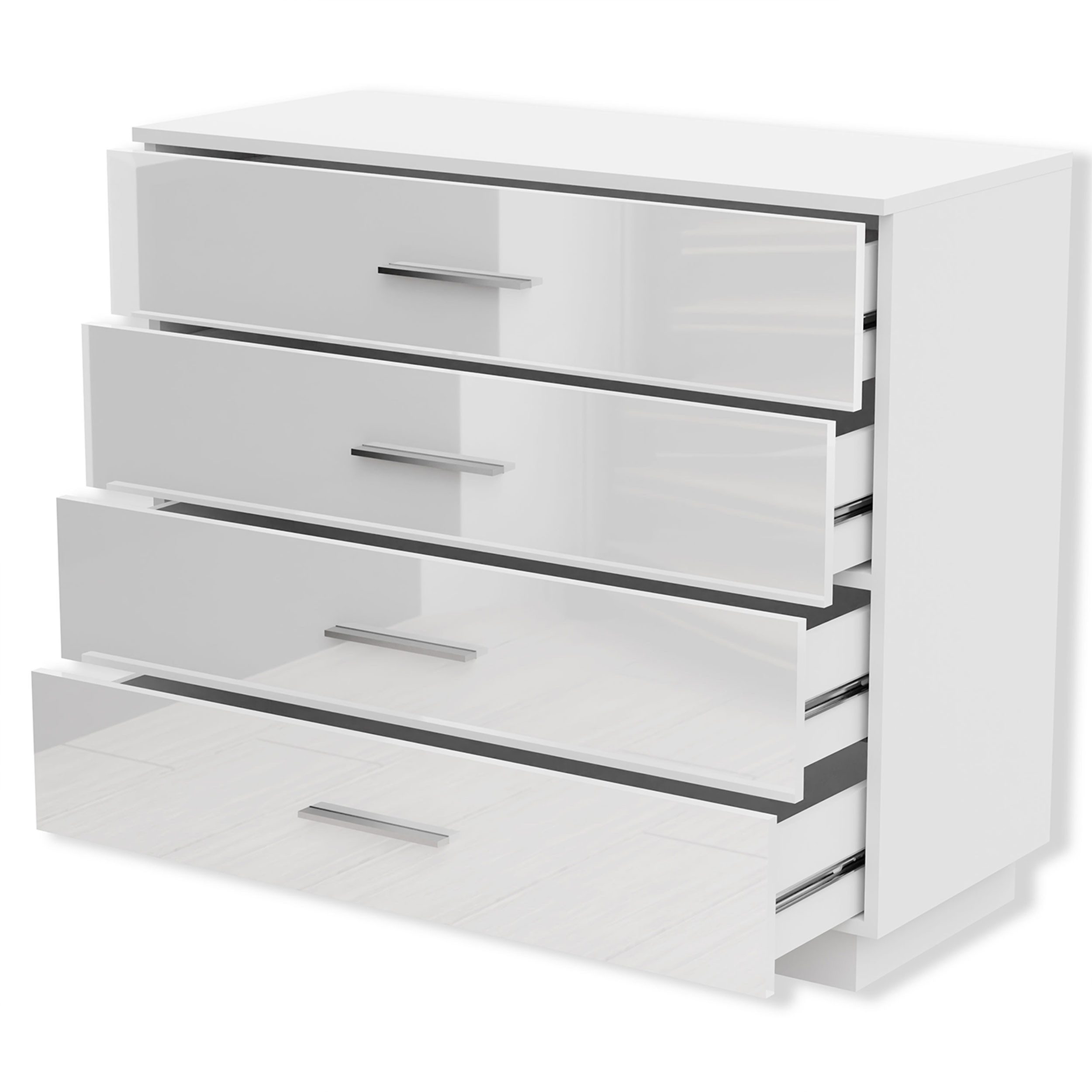 Lookway Kommode LINA mit Chrom Griffen und LED Weiß / Weiß hochglanz, 95x40x85 – Bild 3 von 5