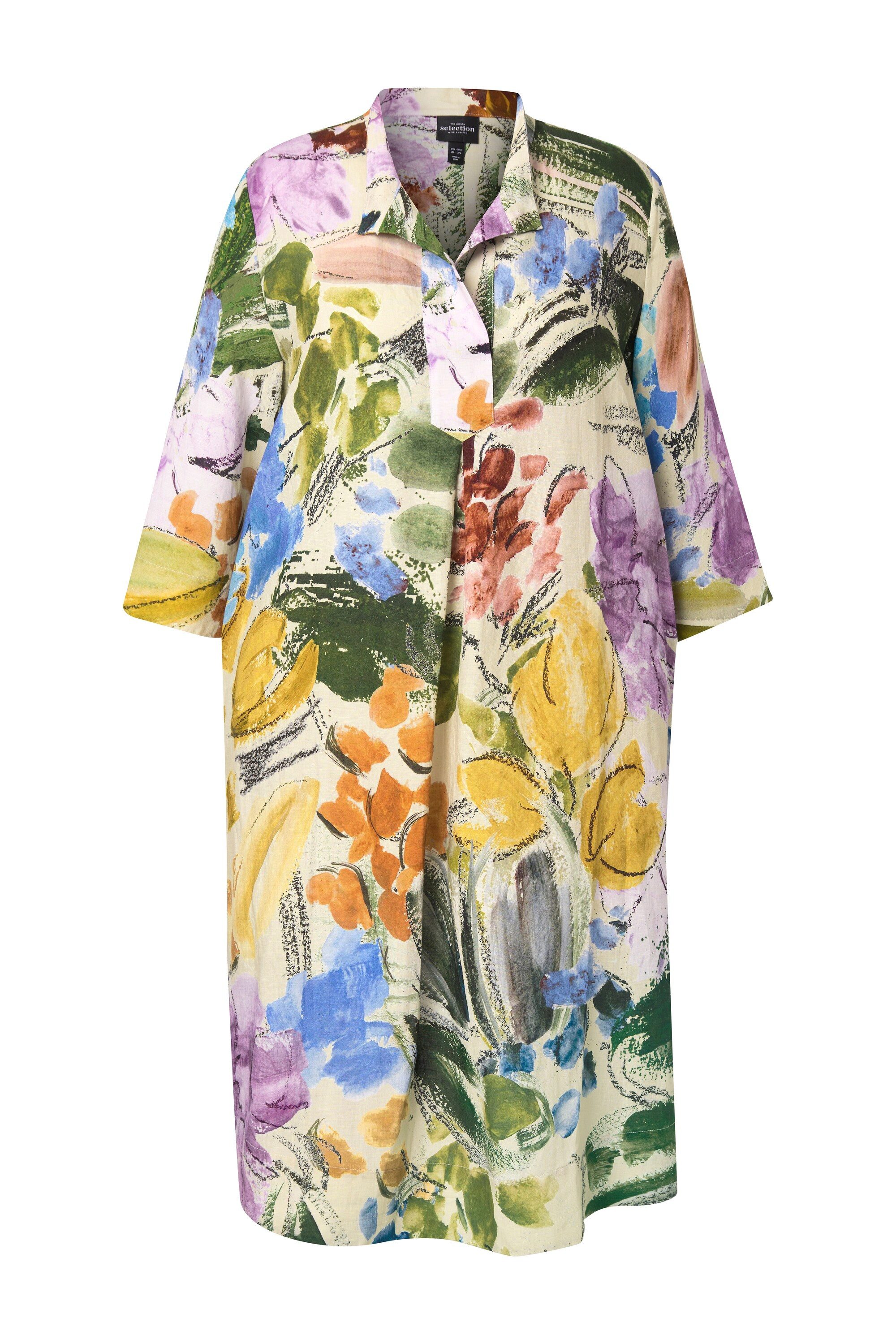 Ulla Popken Midikleid Leinenmx-Kleid A-Linie V-Ausschnitt günstig online kaufen