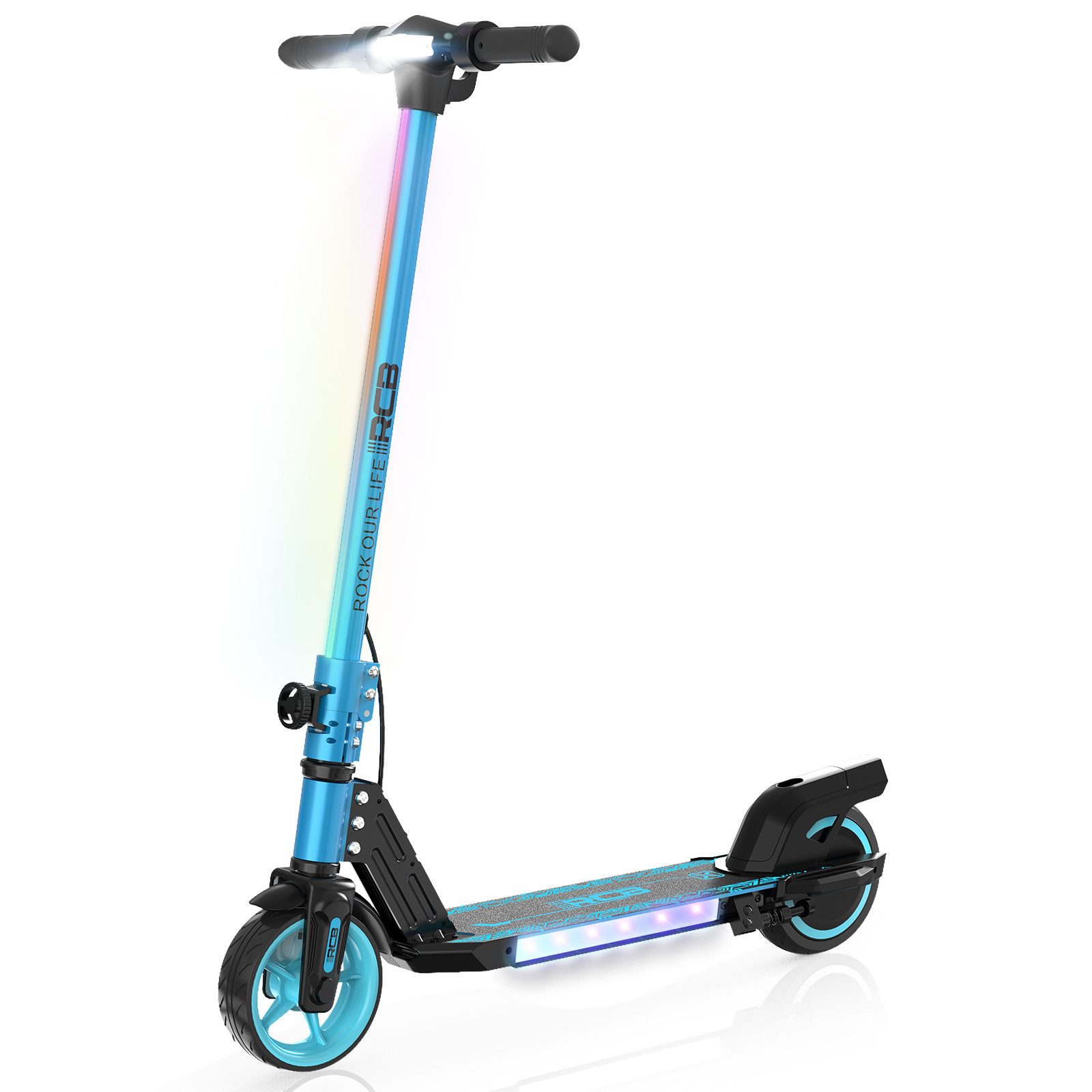 RCB TECH Elektro-Kinderroller R12 Elektrischer Kinder-Scooter, klappbar, bis 10 km Reichweite, LED, Belastbarkeit 50 kg, (1-tlg), Seitliches Licht leuchtet dauerhaft; Schutzblech auch als Bremse.