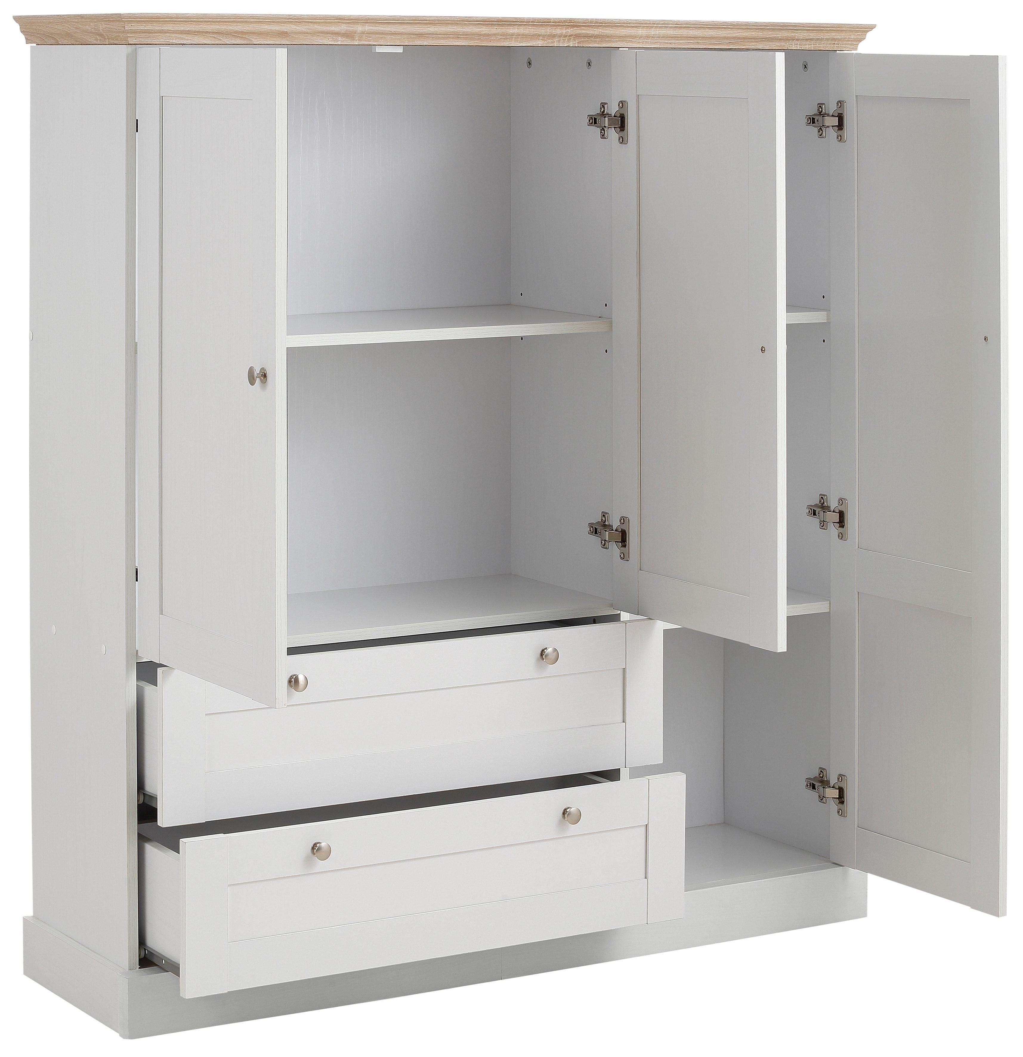 OTTO home Kleiderschrank Binz, Wäscheschrank, Mehrzweckschrank, skandinavischer Landhausstil (B/H/T ca. 122/130/35 cm) viele Stauraummöglichkeiten, Metallgriffe, Türen mit Rahmen/ Kassetten