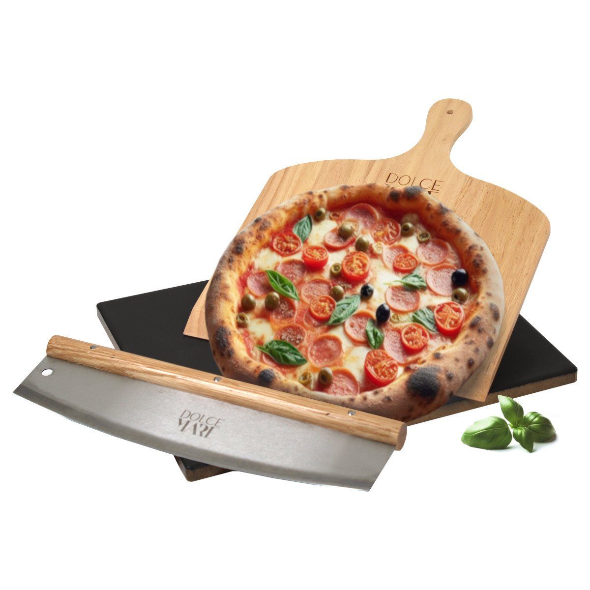 Pizzastein Set schwarz Bambus Pizzaschieber Edelstahl Pizzaschneider