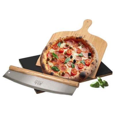 Pizzastein Set schwarz Holz Pizzaschieber Edelstahl Pizzaschneider, Cordierit