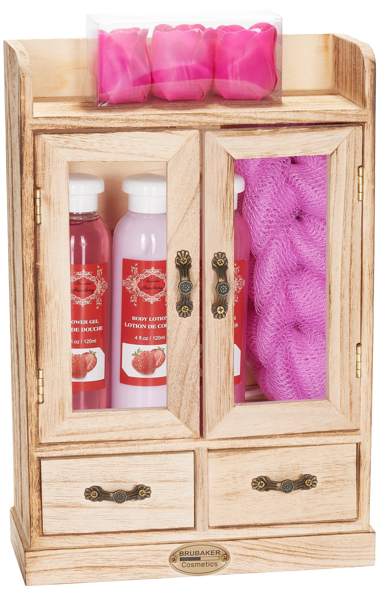 BRUBAKER Hautreinigungs-Set Bade- und Dusch Set, Pflegeset mit Erdbeer Duft, 10-tlg., Damen Beauty Geschenkset im Vintage-Schränkchen, Badeset