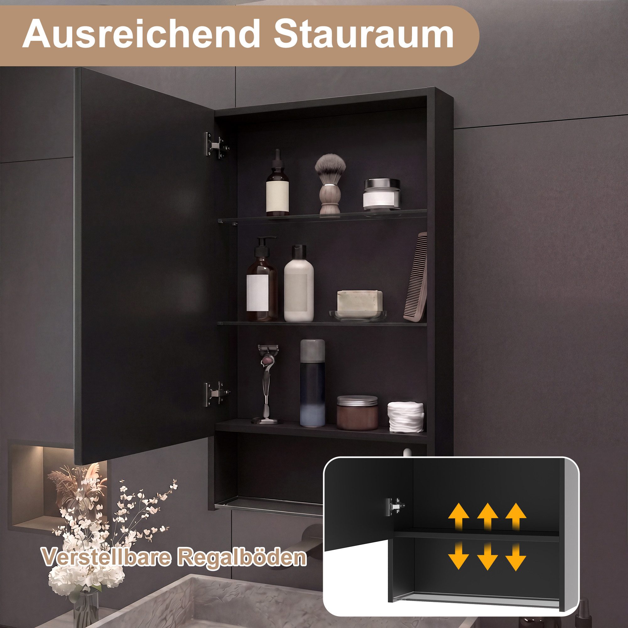 Simurq Spiegelschrank Bad mit Beleuchtung und offene Regal, Anti-Beschlag, 1 Türen (Badschrank mit Spiegel & verstellbare Ablagen) Badezimmerspiegelschrank Hängeschrank