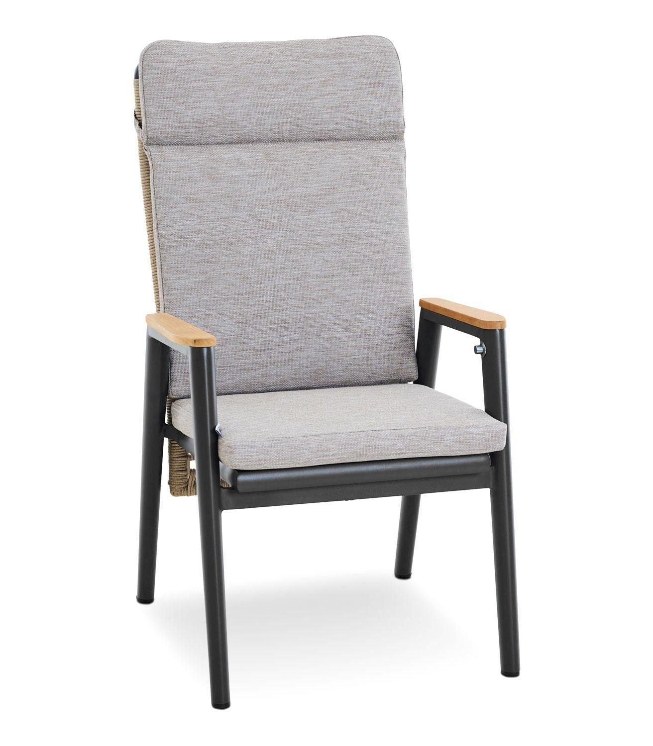 MONDO Gartenstuhl LATEA, Anthrazit, Grau, Taupe, Aluminium, Teakholz, Seil, verstellbare Rückenlehne, B 83 x H 108 x T 60,5 cm